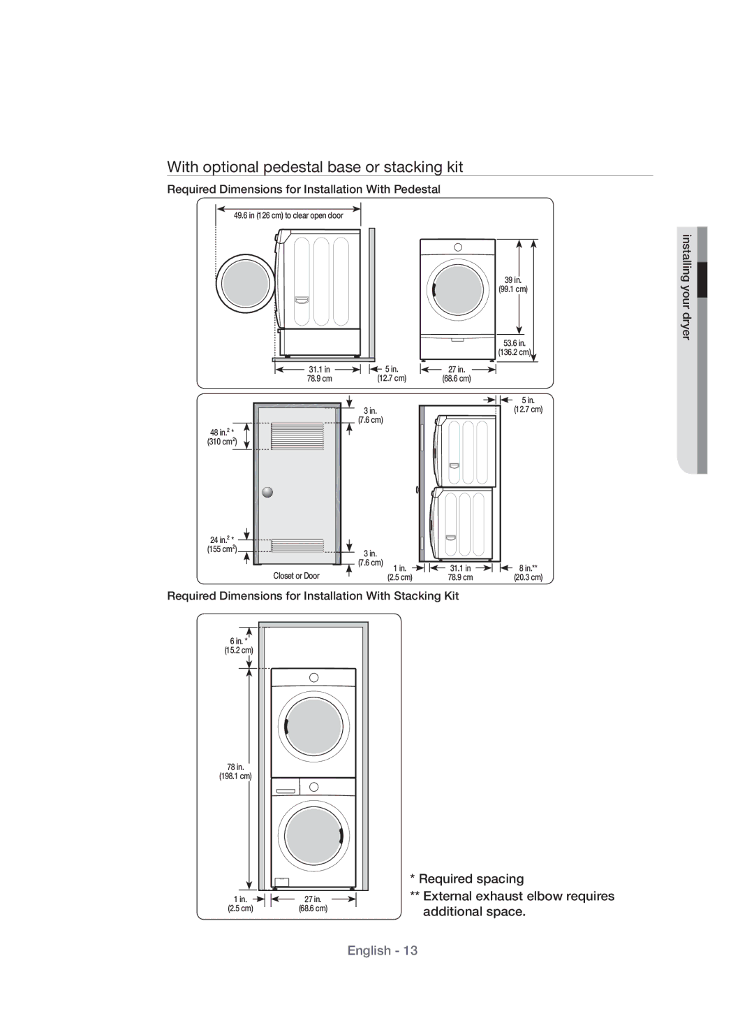 Samsung DV431AEP/XEU manual With optional pedestal base or stacking kit 