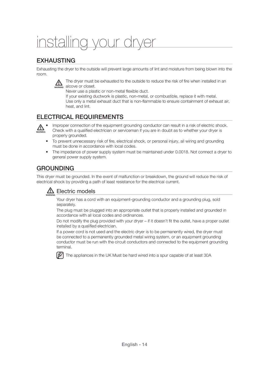 Samsung DV431AEP/XEU manual Exhausting, Electrical Requirements, Grounding, Properly grounded 