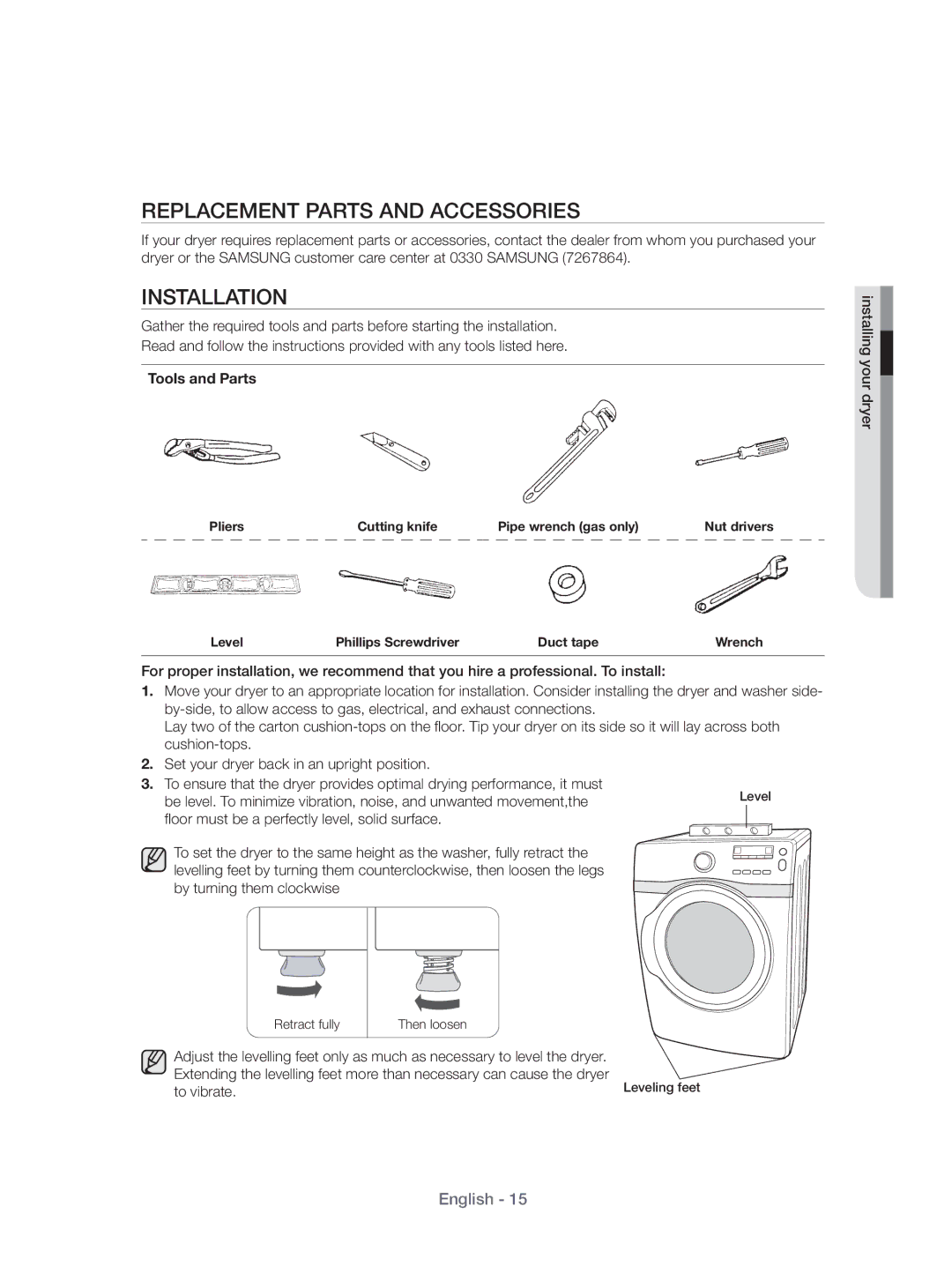 Samsung DV431AEP/XEU manual Replacement Parts and Accessories, Installation, Tools and Parts 