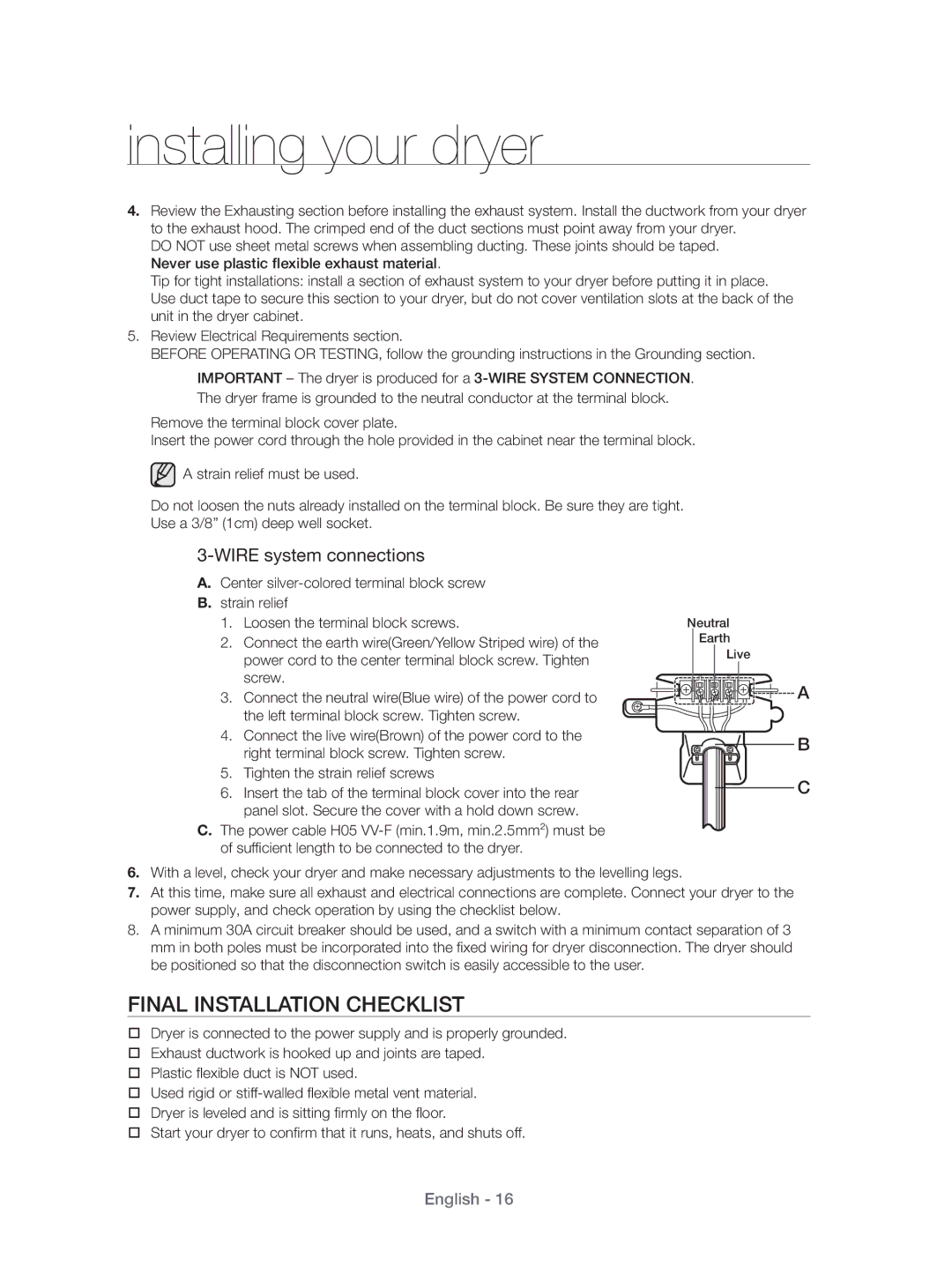 Samsung DV431AEP/XEU manual Final Installation Checklist, Wire system connections 