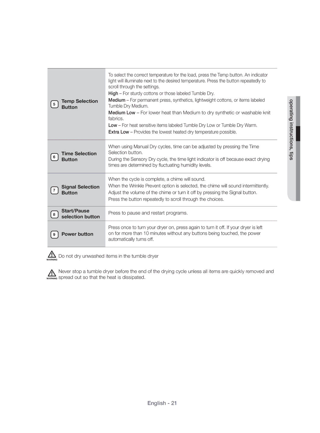 Samsung DV431AEP/XEU manual Time Selection Selection button Button, Signal Selection, Power button, Automatically turns off 