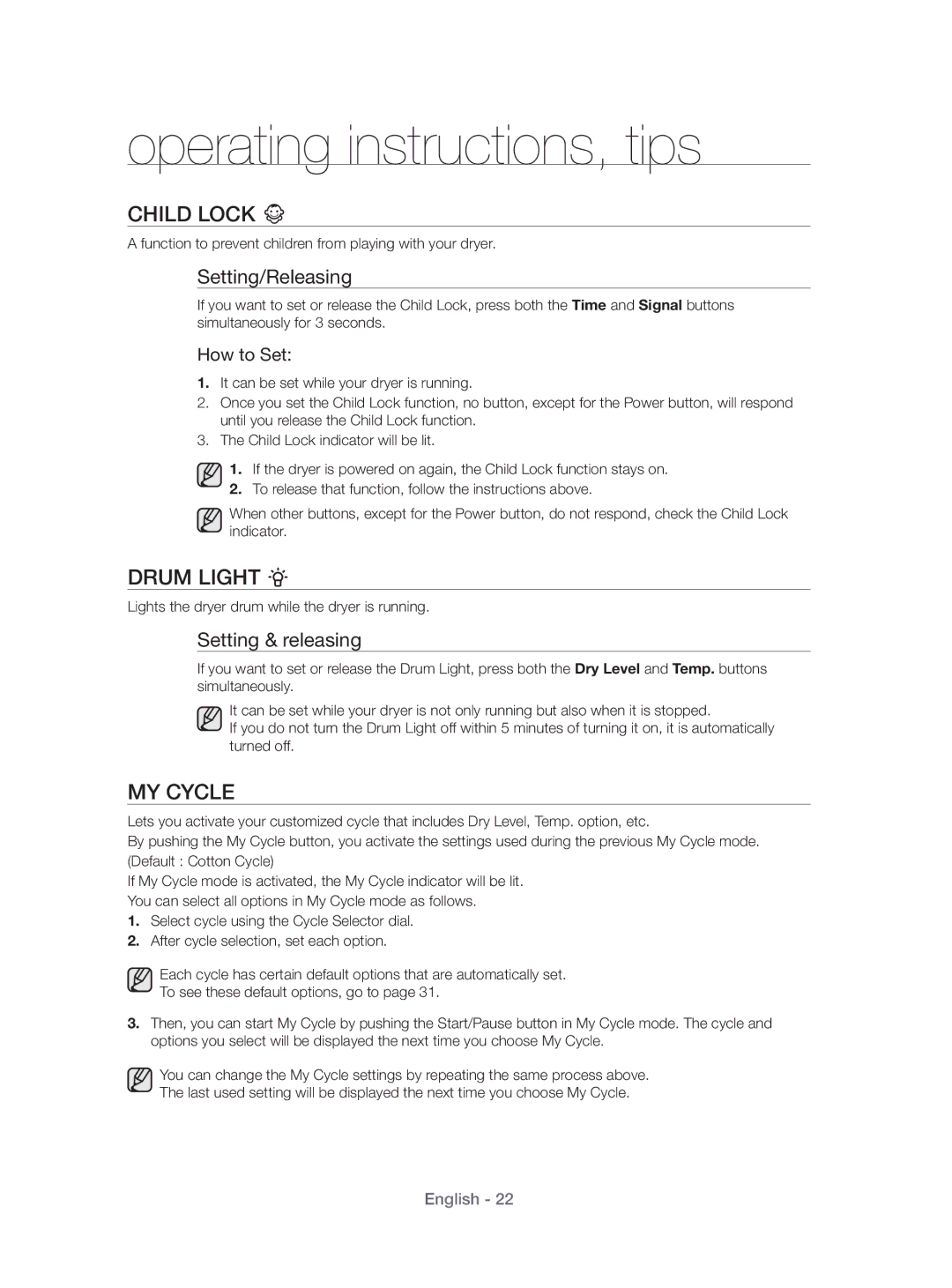 Samsung DV431AEP/XEU manual Child Lock, Drum Light, MY Cycle 