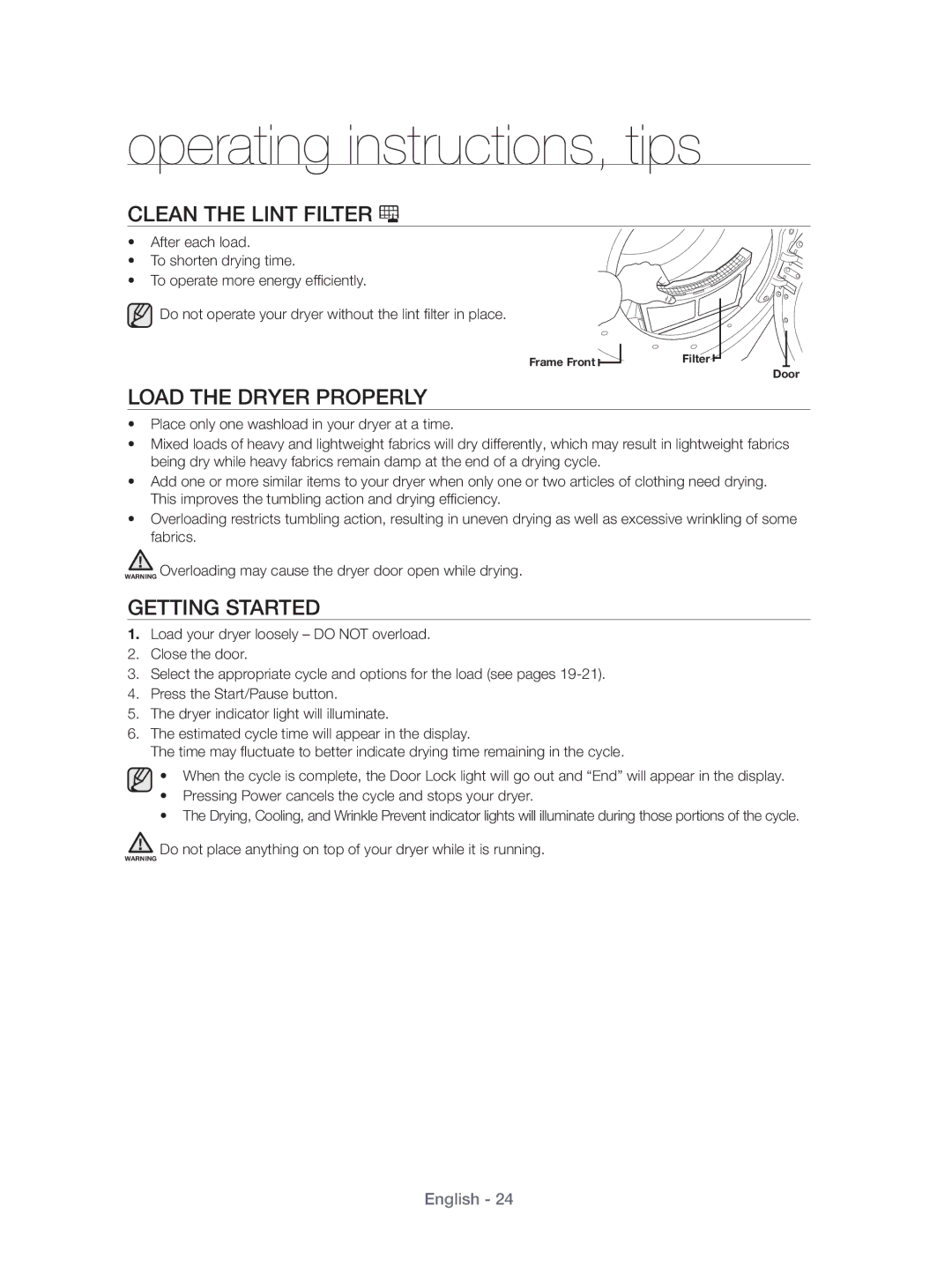 Samsung DV431AEP/XEU manual Clean the Lint Filter, Load the Dryer Properly, Getting Started 