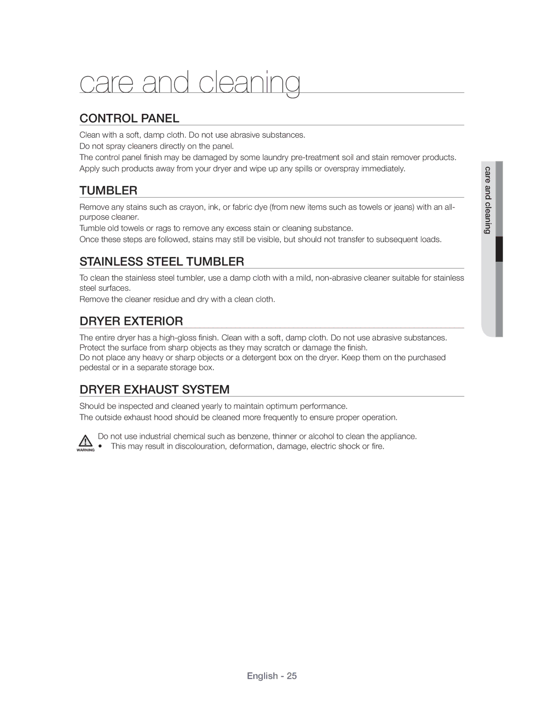 Samsung DV431AEP/XEU manual Care and cleaning 