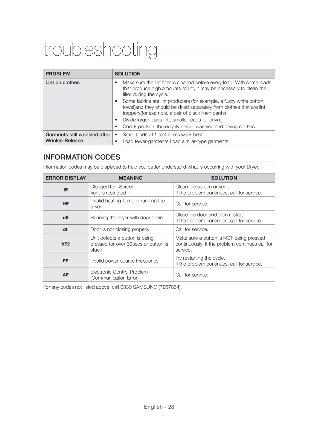 Samsung DV431AEP/XEU manual Information Codes, Lint on clothes 