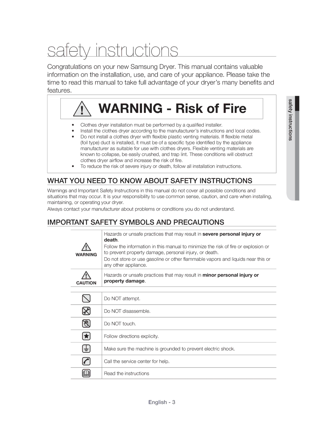 Samsung DV431AEP/XEU manual Safety instructions, What YOU Need to Know about Safety Instructions, Property damage 