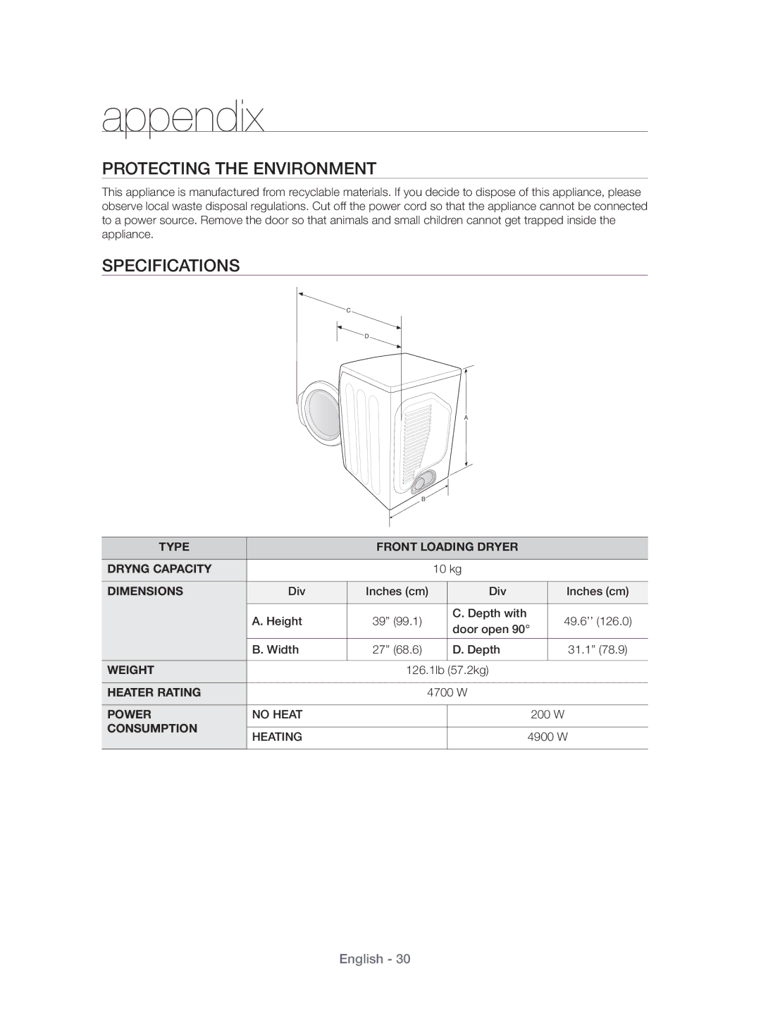 Samsung DV431AEP/XEU manual Protecting the Environment, Specifications 