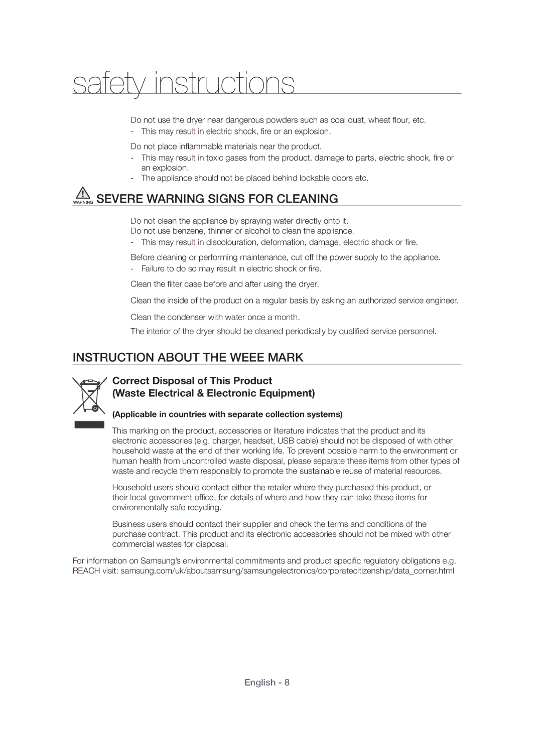 Samsung DV431AEP/XEU manual Instruction about the Weee Mark, Applicable in countries with separate collection systems 