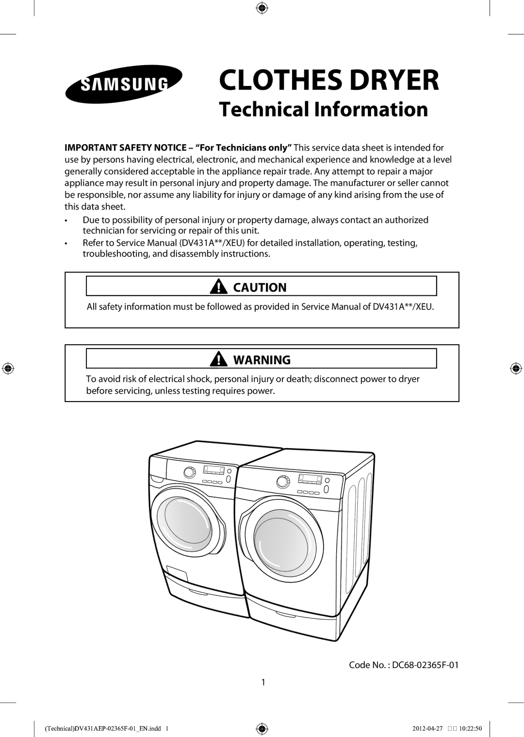 Samsung DV431AEP/XEU manual Electric Dryer 