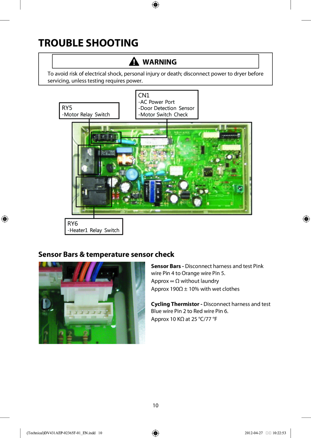 Samsung DV431AEP/XEU manual Sensor Bars & temperature sensor check 