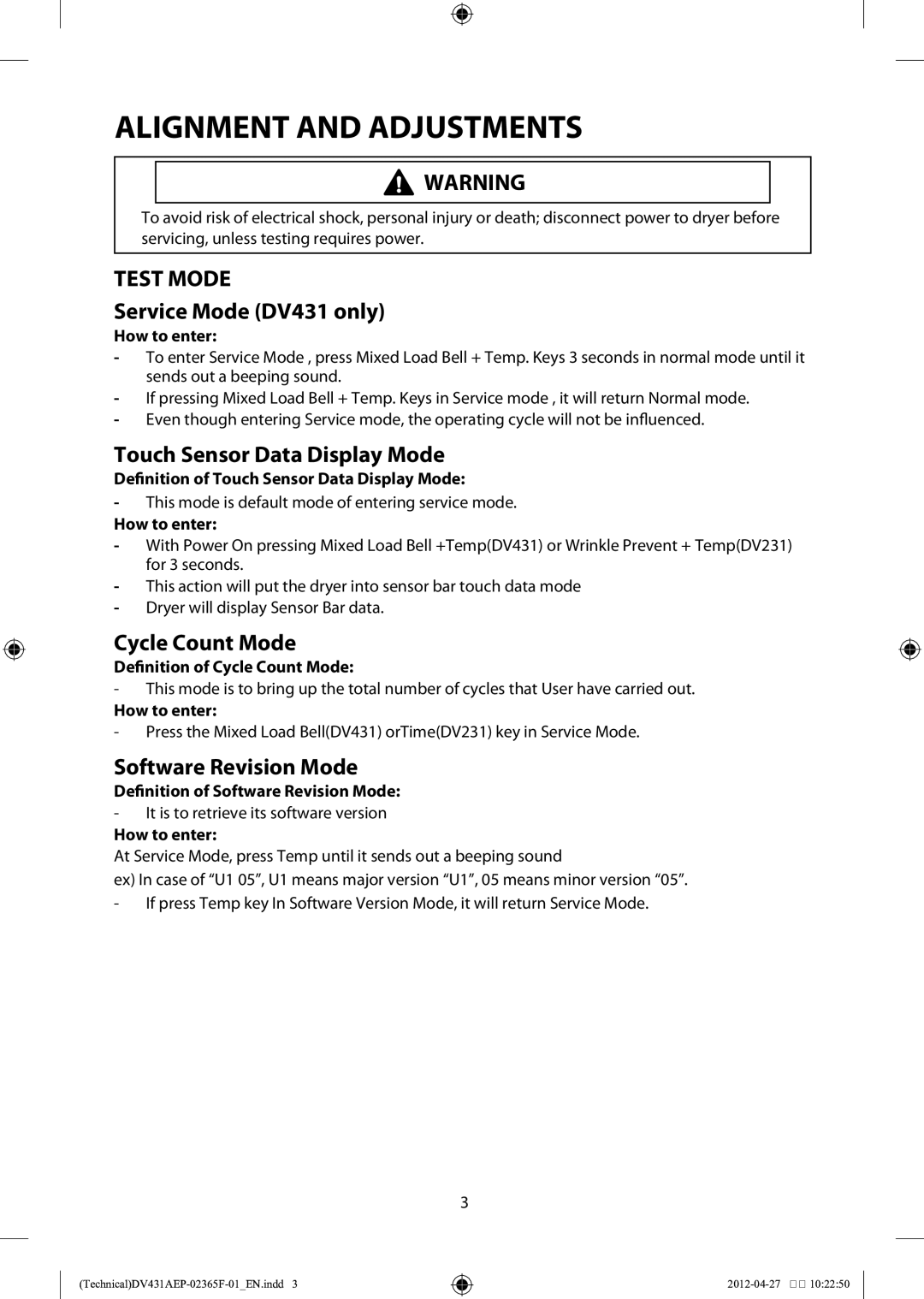 Samsung DV431AEP/XEU manual Test Mode, Service Mode DV431 only, Touch Sensor Data Display Mode, Cycle Count Mode 