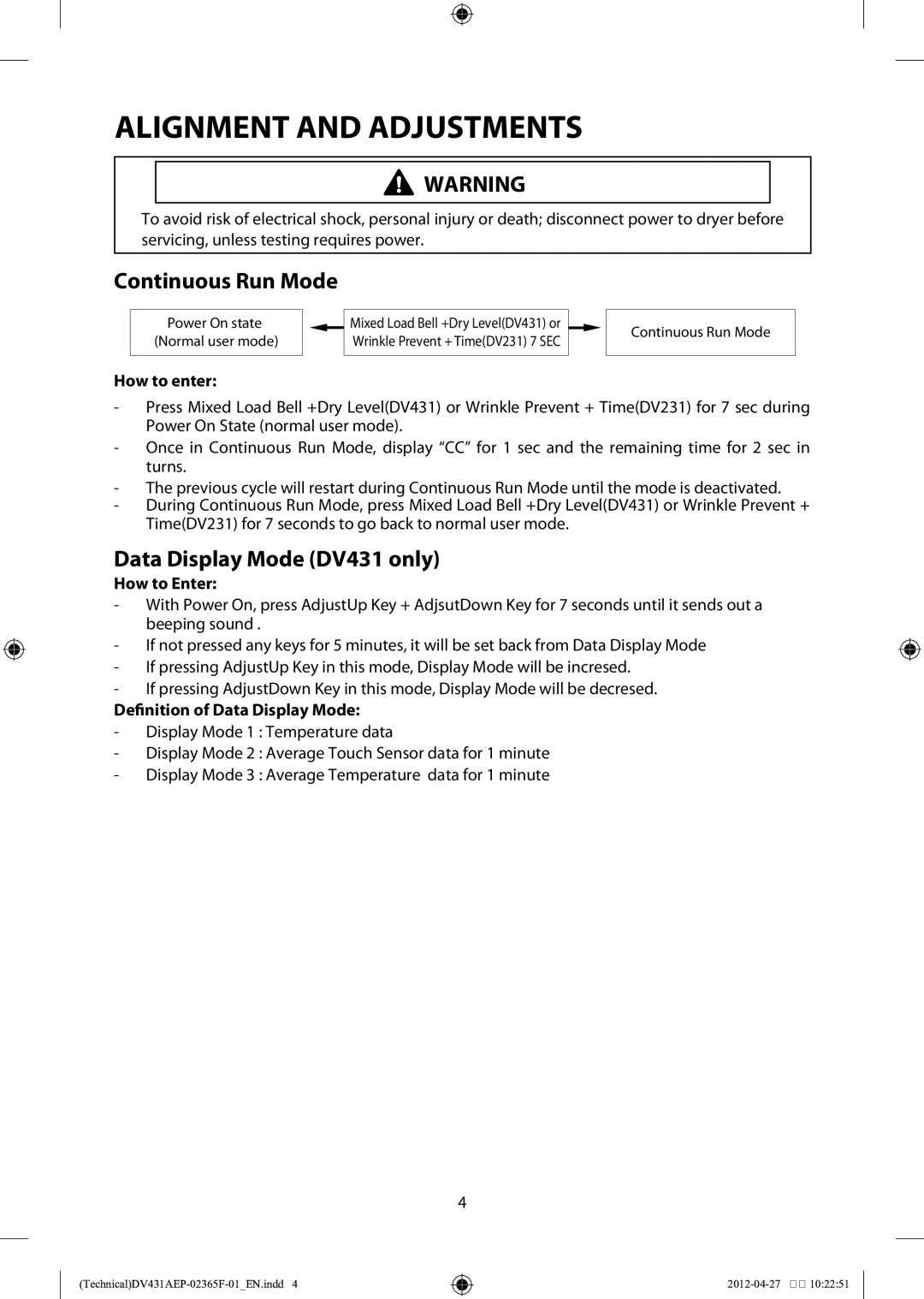 Samsung DV431AEP/XEU manual Continuous Run Mode, Data Display Mode DV431 only, Definition of Data Display Mode 