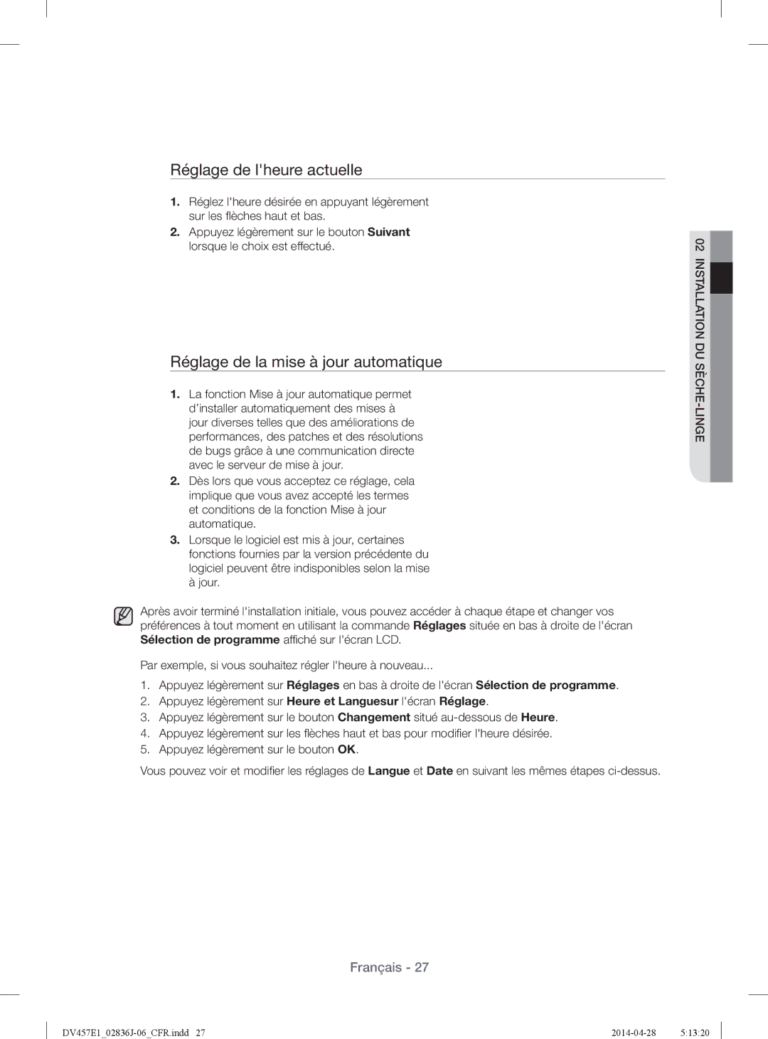 Samsung DV457EVGSGR/AA manual Réglage de lheure actuelle, Réglage de la mise à jour automatique 