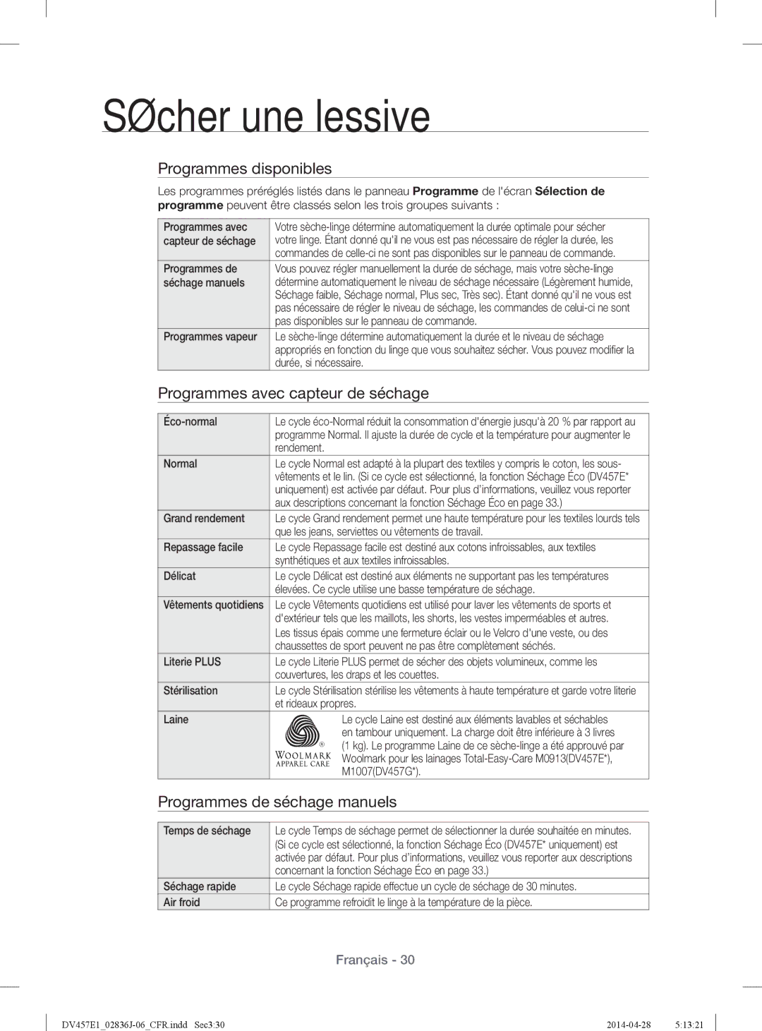 Samsung DV457EVGSGR/AA manual Programmes disponibles, Programmes avec capteur de séchage, Programmes de séchage manuels 