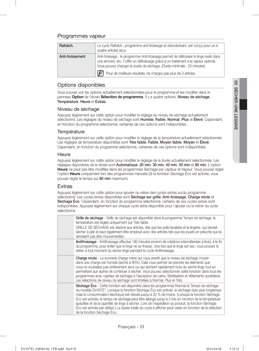 Samsung DV457EVGSGR/AA manual Programmes vapeur, Options disponibles, Niveau de séchage, Température, Heure 