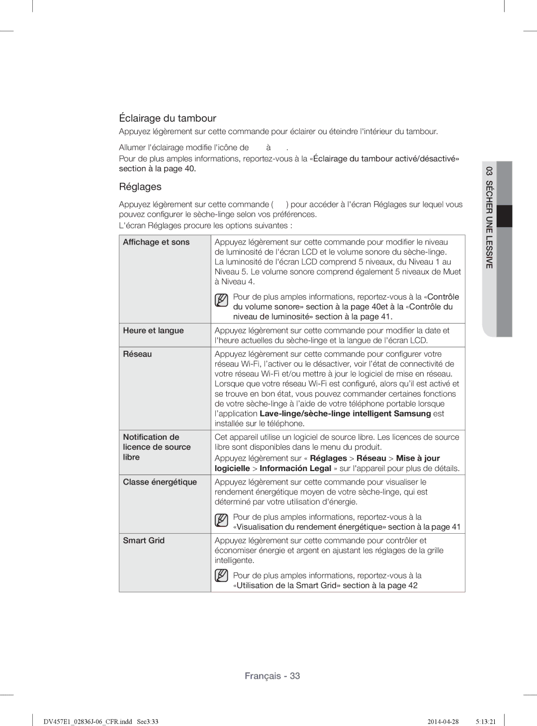 Samsung DV457EVGSGR/AA manual Éclairage du tambour, Réglages, ’application Lave-linge/sèche-linge intelligent Samsung est 