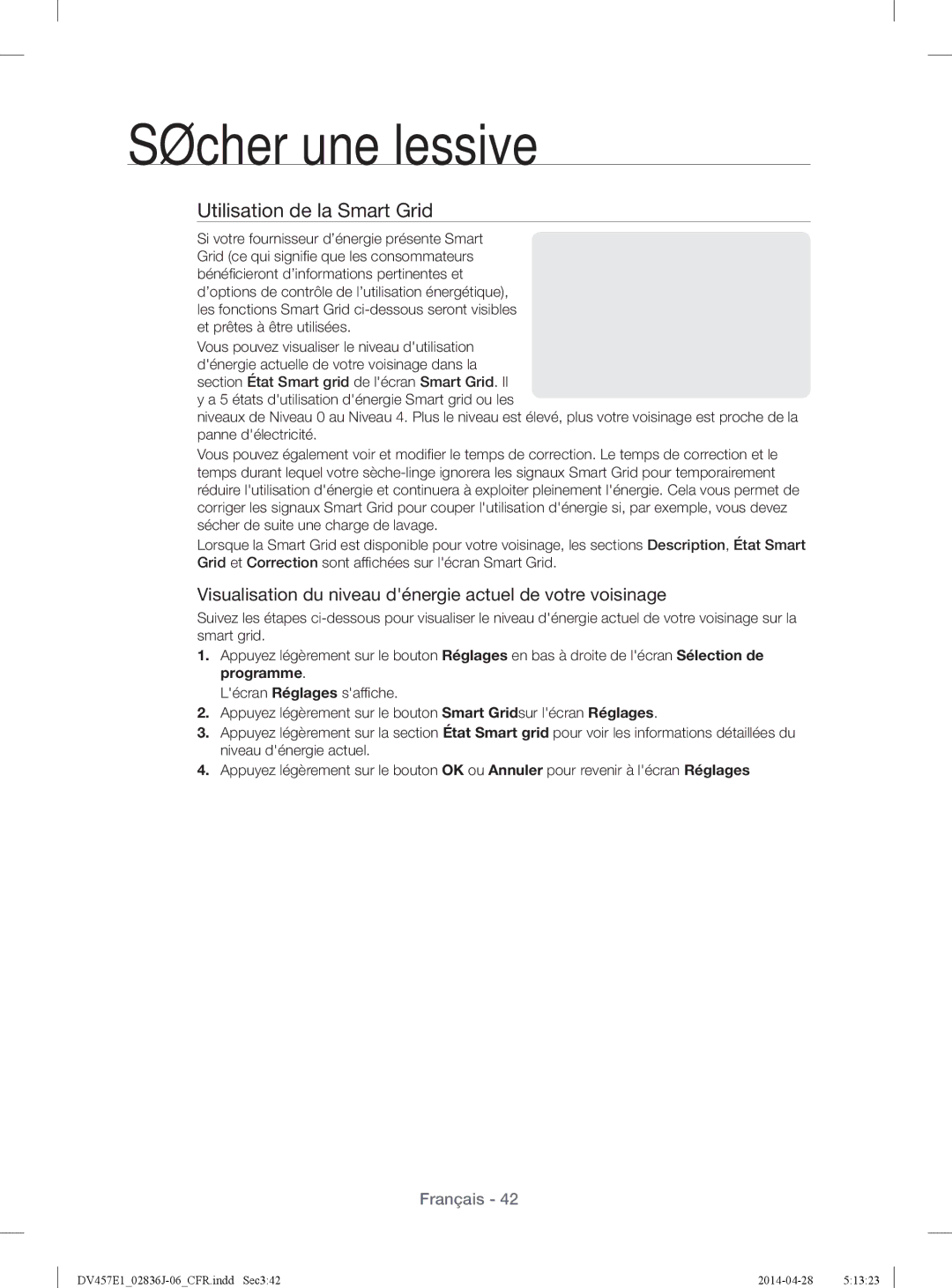 Samsung DV457EVGSGR/AA manual Utilisation de la Smart Grid, Visualisation du niveau dénergie actuel de votre voisinage 