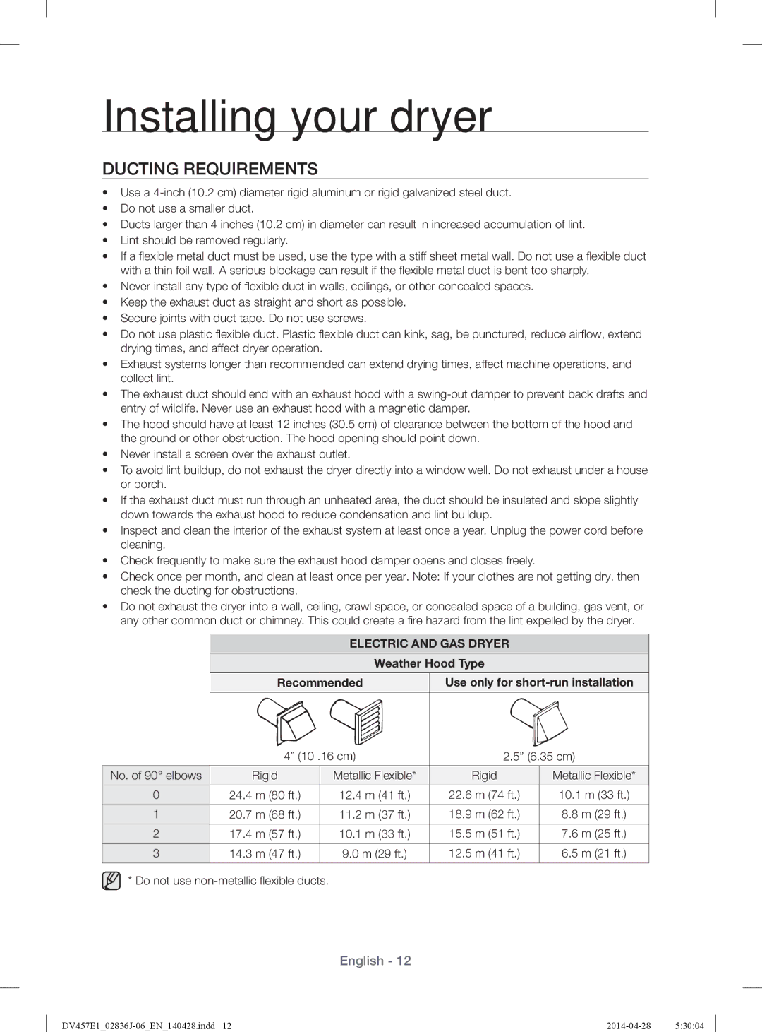 Samsung DV457EVGSGR/AA Ducting Requirements, Electric and GAS Dryer, Weather Hood Type Recommended, 10 .16 cm 6.35 cm 