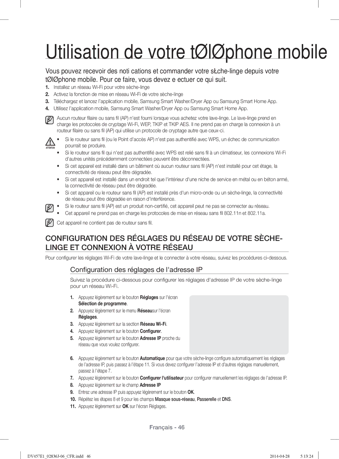 Samsung DV457EVGSGR/AA Conﬁguration des réglages de ladresse IP, Appuyez légèrement sur le menu Réseausur lécran Réglages 