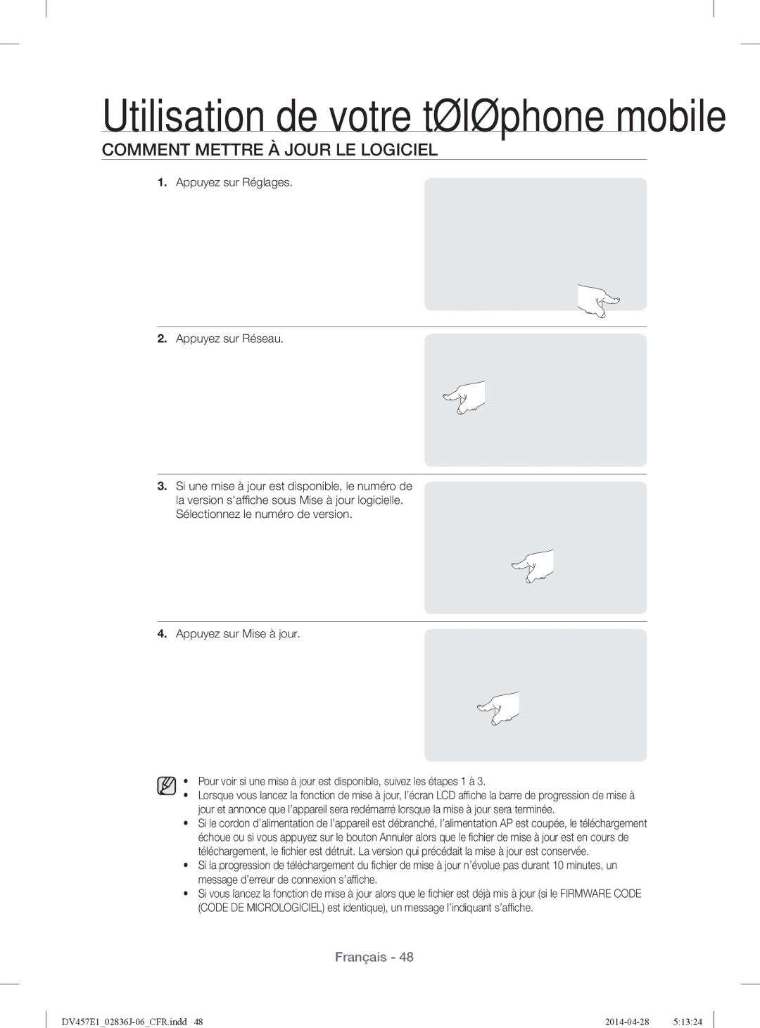 Samsung DV457EVGSGR/AA manual Comment Mettre À Jour LE Logiciel, Appuyez sur Réglages Appuyez sur Réseau 