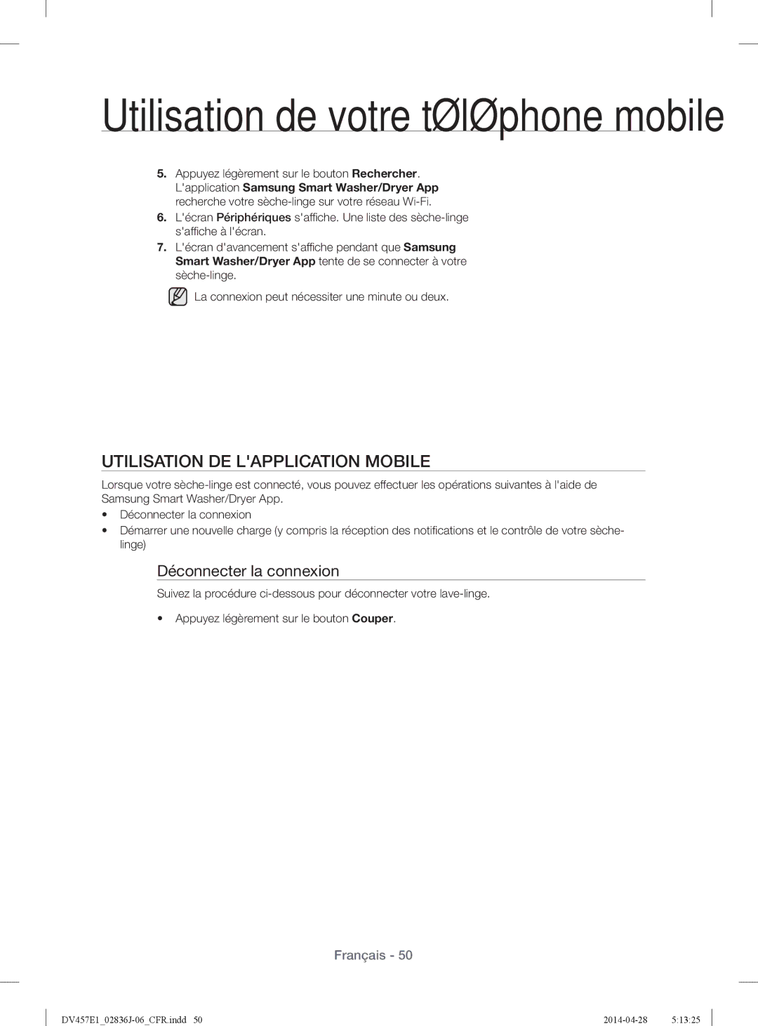 Samsung DV457EVGSGR/AA manual Utilisation DE Lapplication Mobile, Déconnecter la connexion 