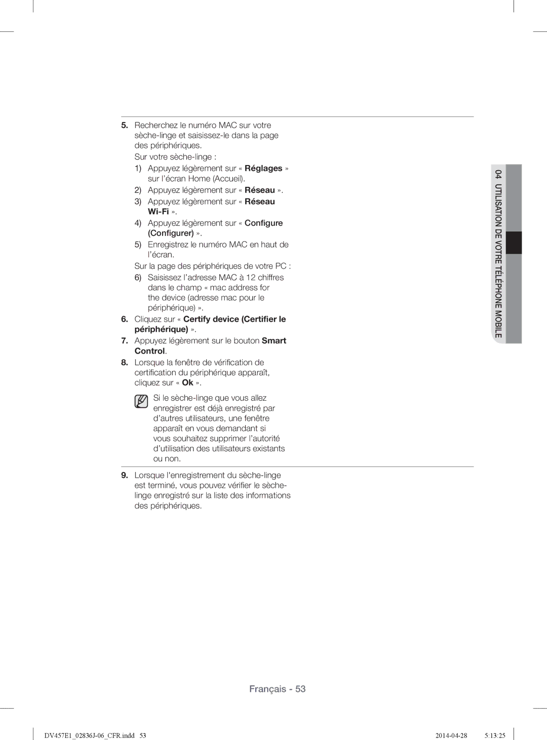 Samsung DV457EVGSGR/AA manual Appuyez légèrement sur « Réseau », Appuyez légèrement sur « Réseau Wi-Fi » 