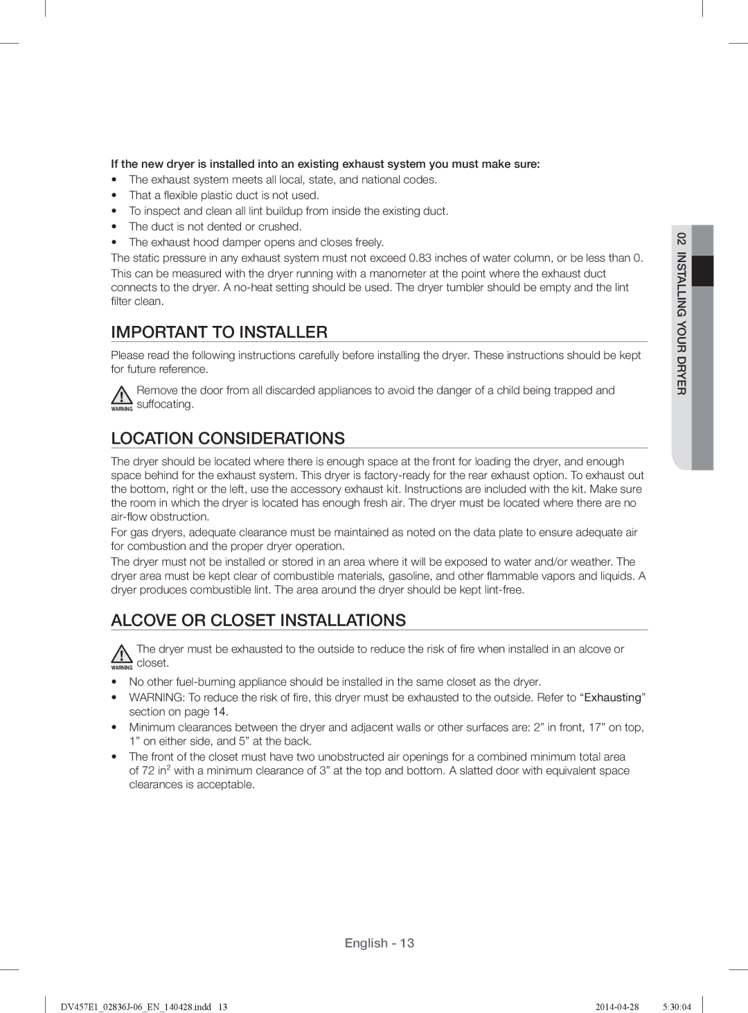 Samsung DV457EVGSGR/AA manual Important to Installer, Location Considerations, Alcove or Closet Installations, Lter clean 