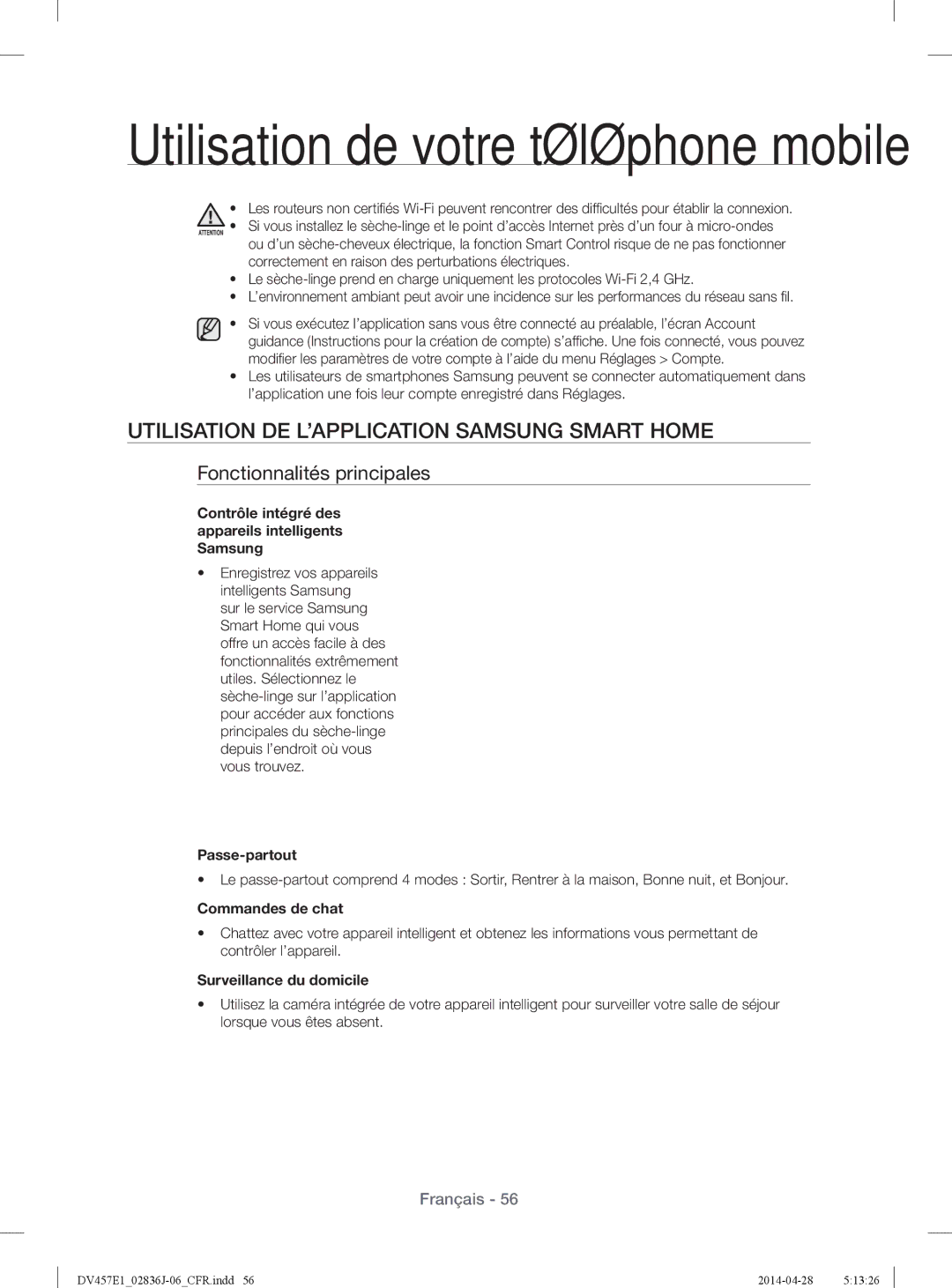 Samsung DV457EVGSGR/AA manual Utilisation DE L’APPLICATION Samsung Smart Home, Fonctionnalités principales 