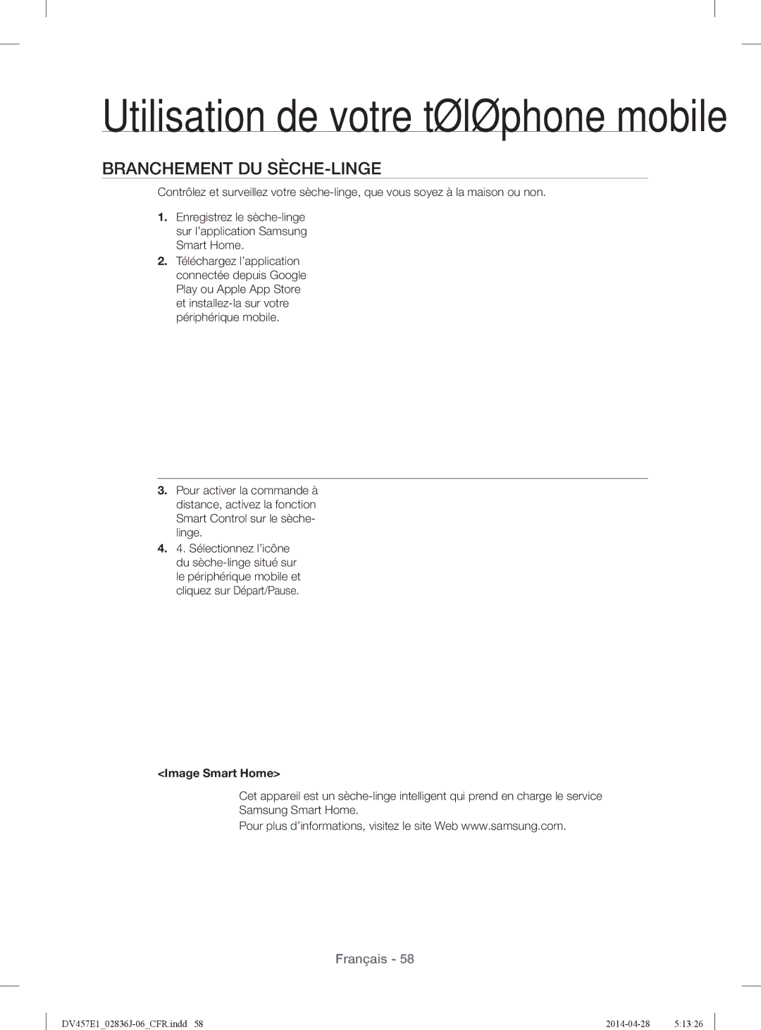 Samsung DV457EVGSGR/AA manual Branchement DU SÈCHE-LINGE, Image Smart Home 