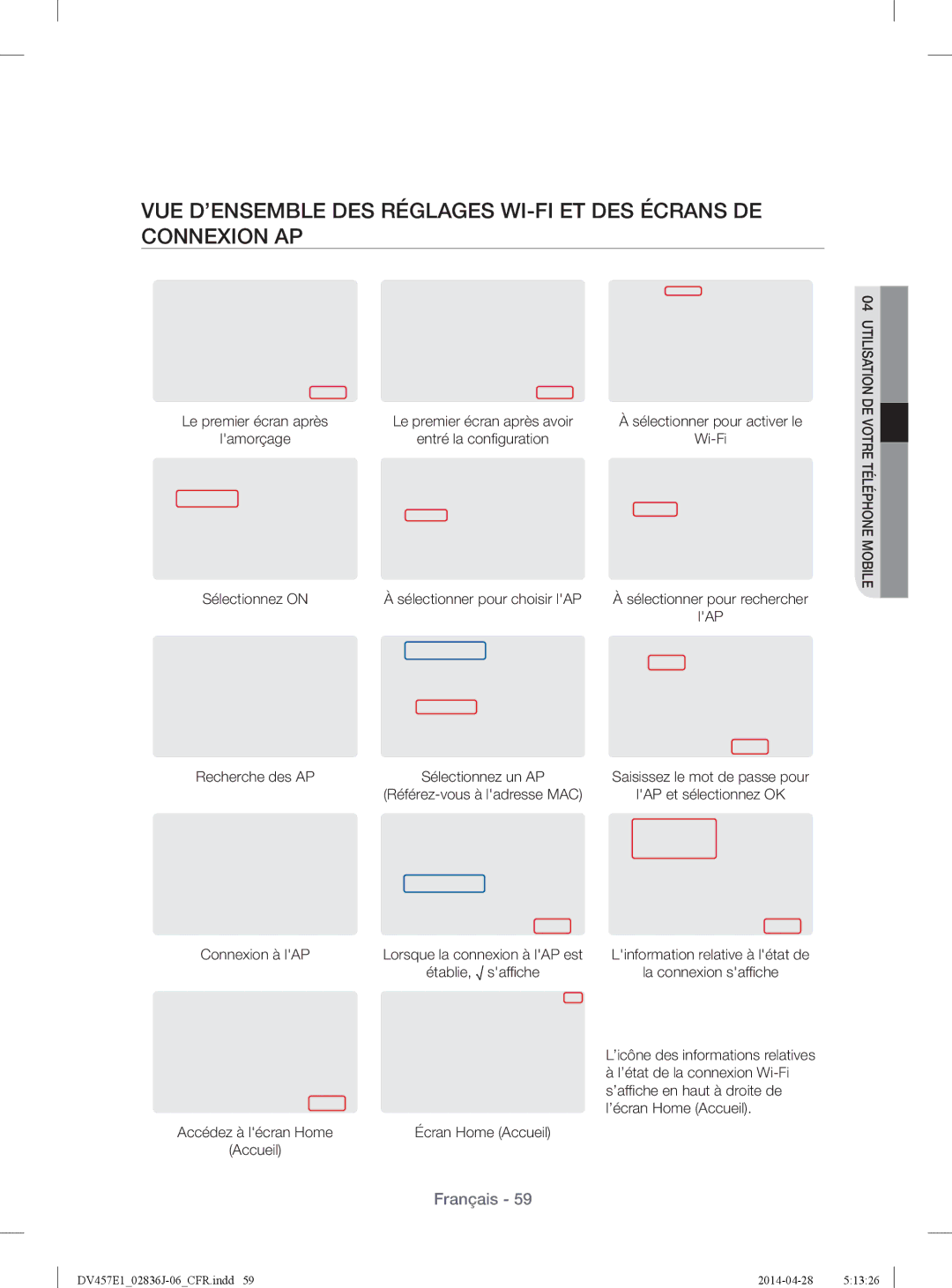 Samsung DV457EVGSGR/AA manual Sélectionnez on Sélectionner pour choisir lAP, Recherche des AP, Connexion à lAP 