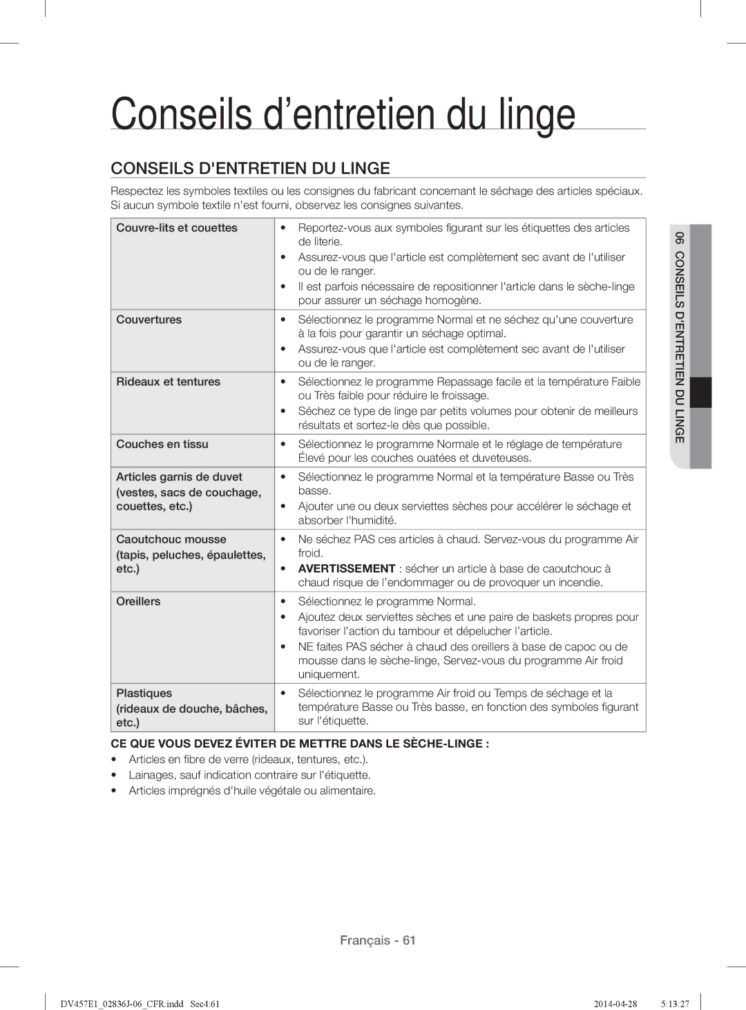 Samsung DV457EVGSGR/AA manual Conseils dentretien du linge, Conseils Dentretien DU Linge 