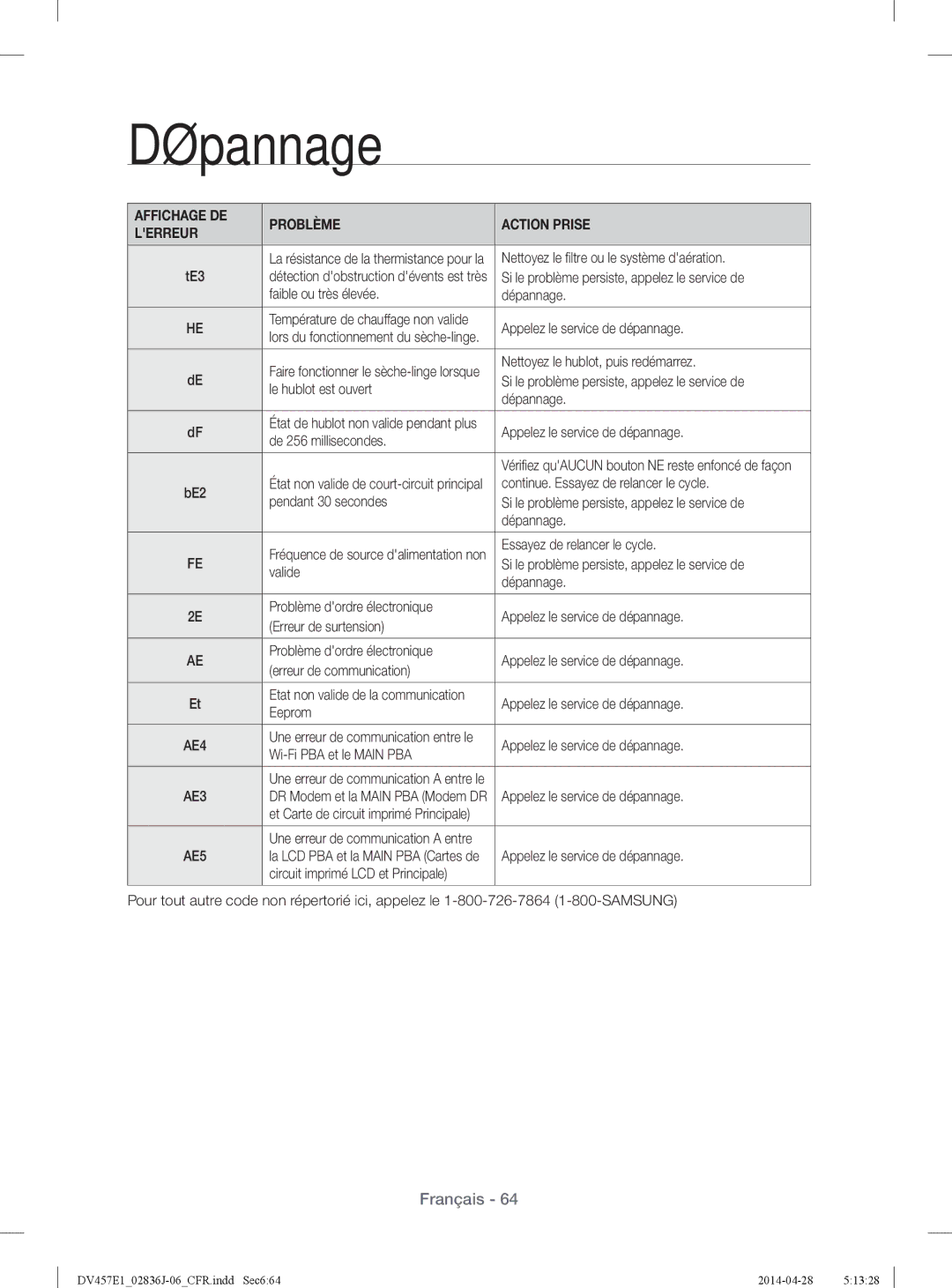 Samsung DV457EVGSGR/AA Nettoyez le ﬁ ltre ou le système daération, Faible ou très élevée Dépannage, Le hublot est ouvert 