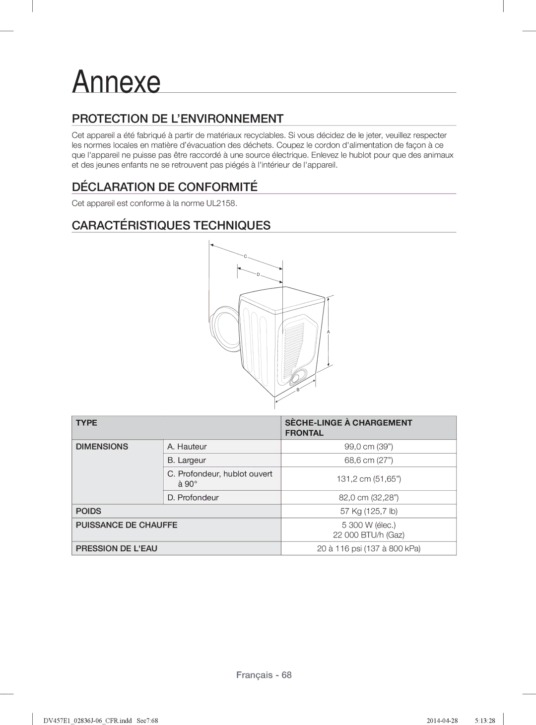 Samsung DV457EVGSGR/AA manual Protection DE L’ENVIRONNEMENT, Déclaration DE Conformité, Caractéristiques Techniques 