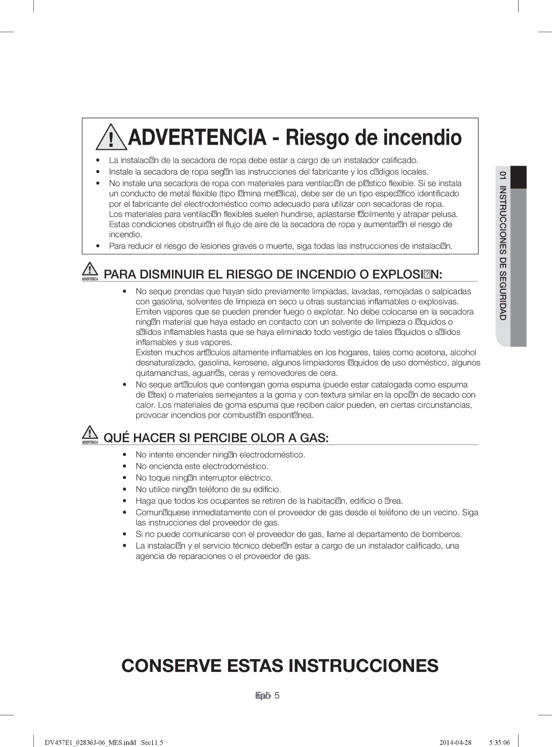 Samsung DV457EVGSGR/AA manual Advertencia Para Disminuir EL Riesgo DE Incendio O Explosión 