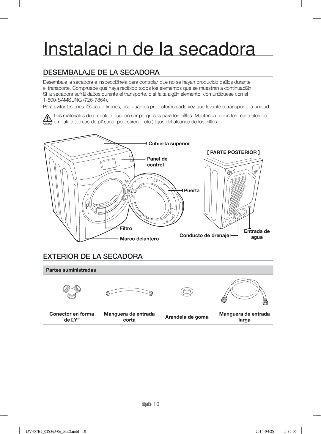 Samsung DV457EVGSGR/AA Instalación de la secadora, Desembalaje DE LA Secadora, Exterior DE LA Secadora, Parte Posterior 