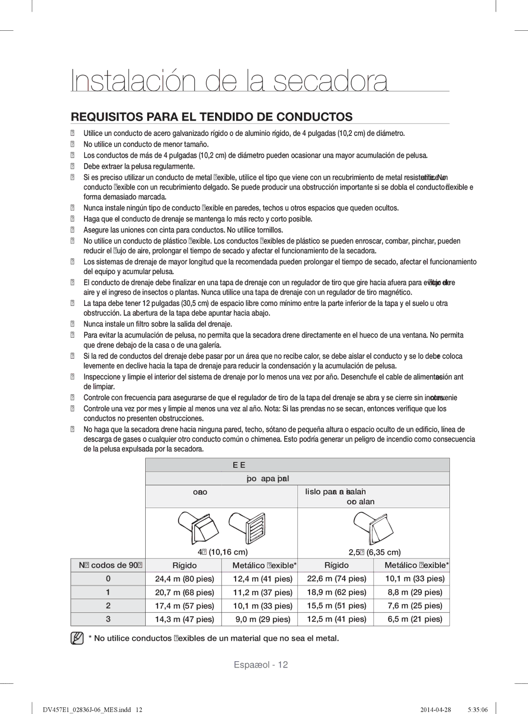 Samsung DV457EVGSGR/AA manual Requisitos Para EL Tendido DE Conductos, Secadora Eléctrica Y a GAS, 10,16 cm 6,35 cm 