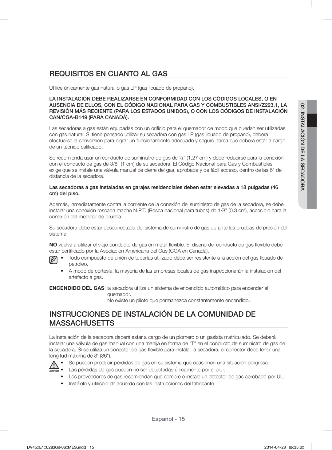 Samsung DV457EVGSGR/AA manual Requisitos EN Cuanto AL GAS 