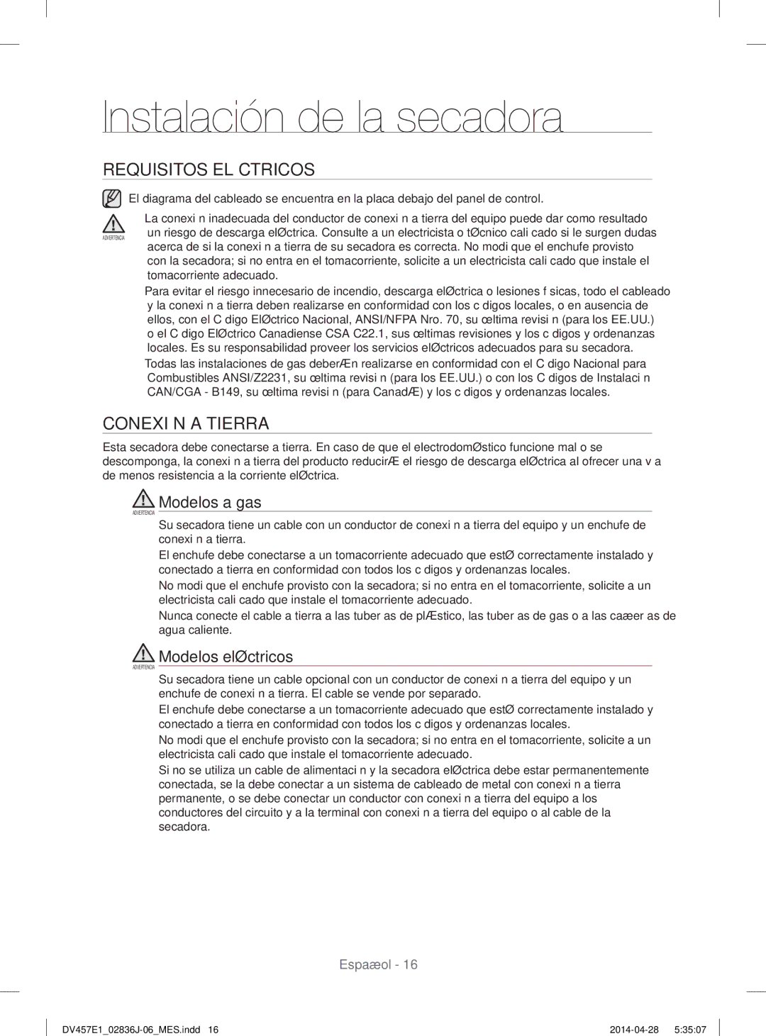 Samsung DV457EVGSGR/AA manual Requisitos Eléctricos, Conexión a Tierra, Modelos a gas, Modelos eléctricos 