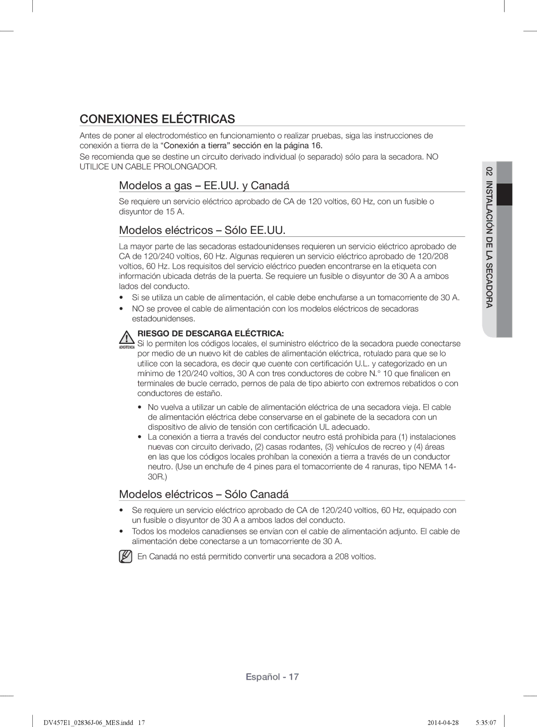 Samsung DV457EVGSGR/AA manual Conexiones Eléctricas, Modelos a gas EE.UU. y Canadá, Modelos eléctricos Sólo EE.UU 