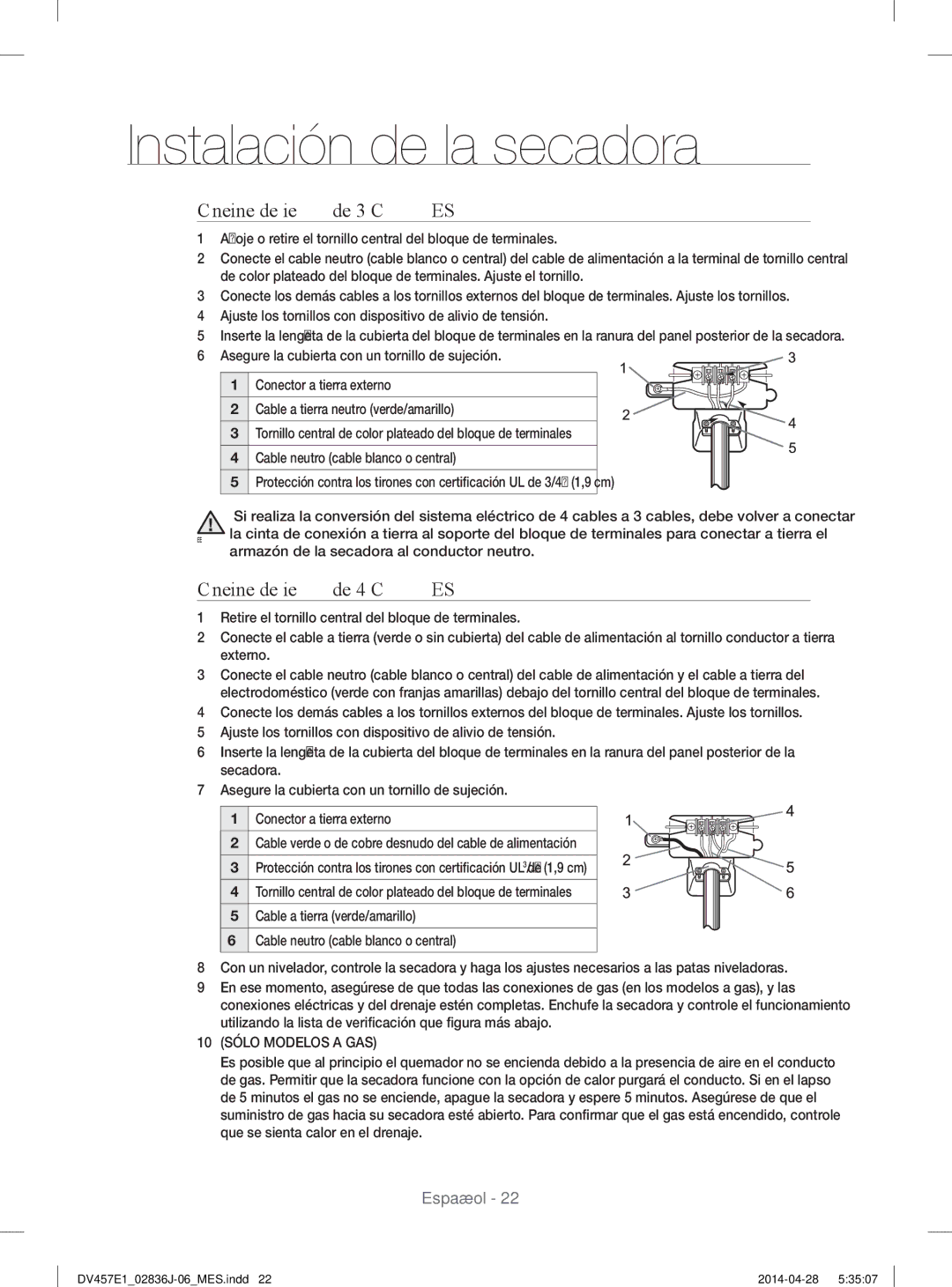 Samsung DV457EVGSGR/AA manual Conexiones de sistemas de 3 Cables, Conexiones de sistemas de 4 Cables 