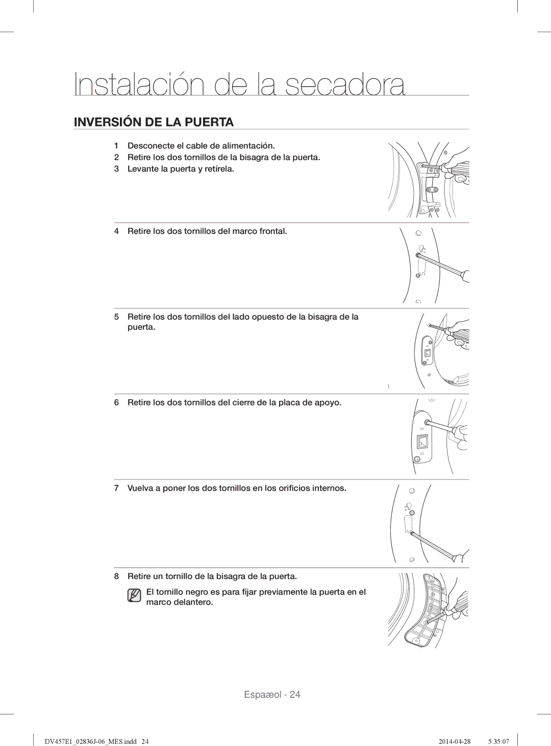 Samsung DV457EVGSGR/AA manual Inversión DE LA Puerta 