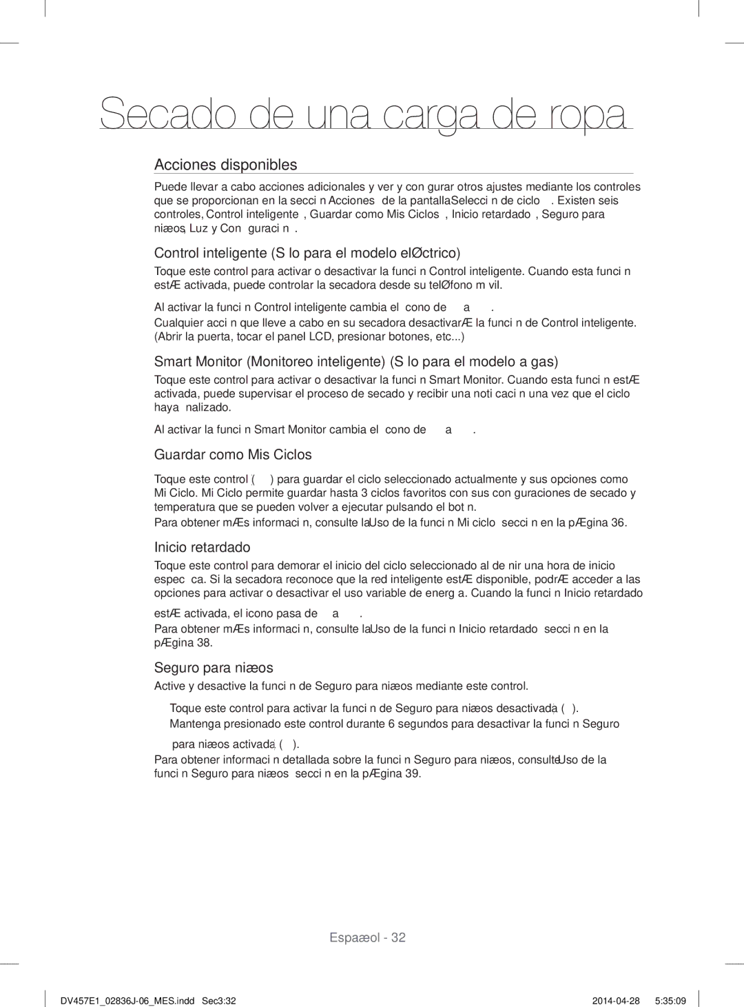 Samsung DV457EVGSGR/AA Acciones disponibles, Control inteligente Sólo para el modelo eléctrico, Guardar como Mis Ciclos 