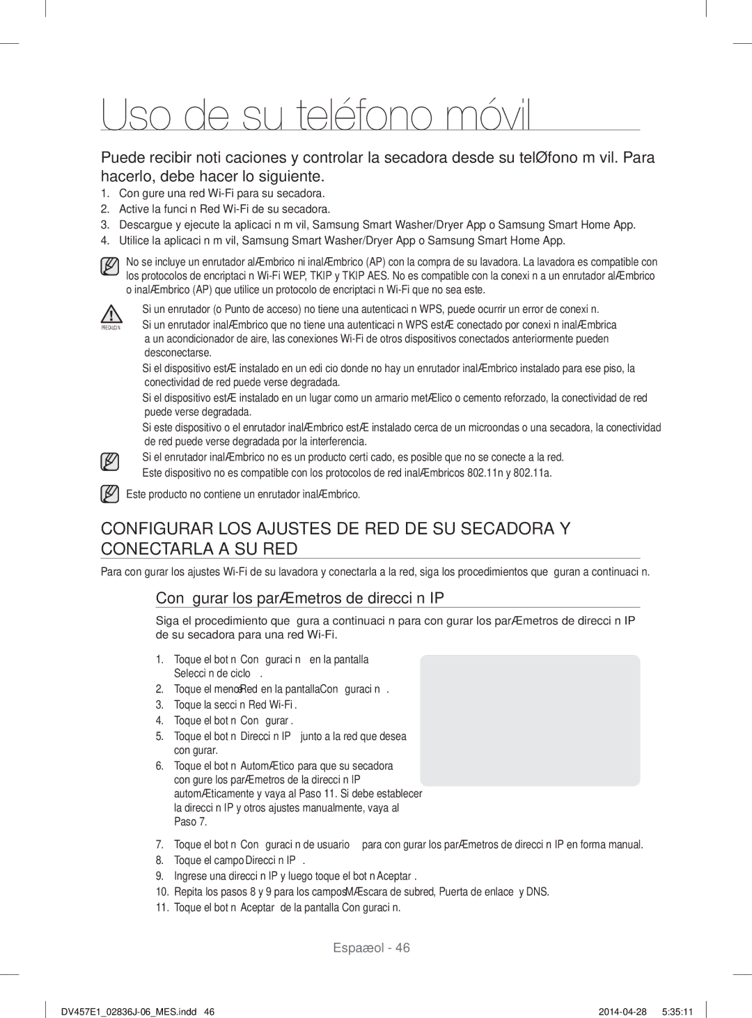 Samsung DV457EVGSGR/AA manual Uso de su teléfono móvil, Conﬁgurar los parámetros de dirección IP 