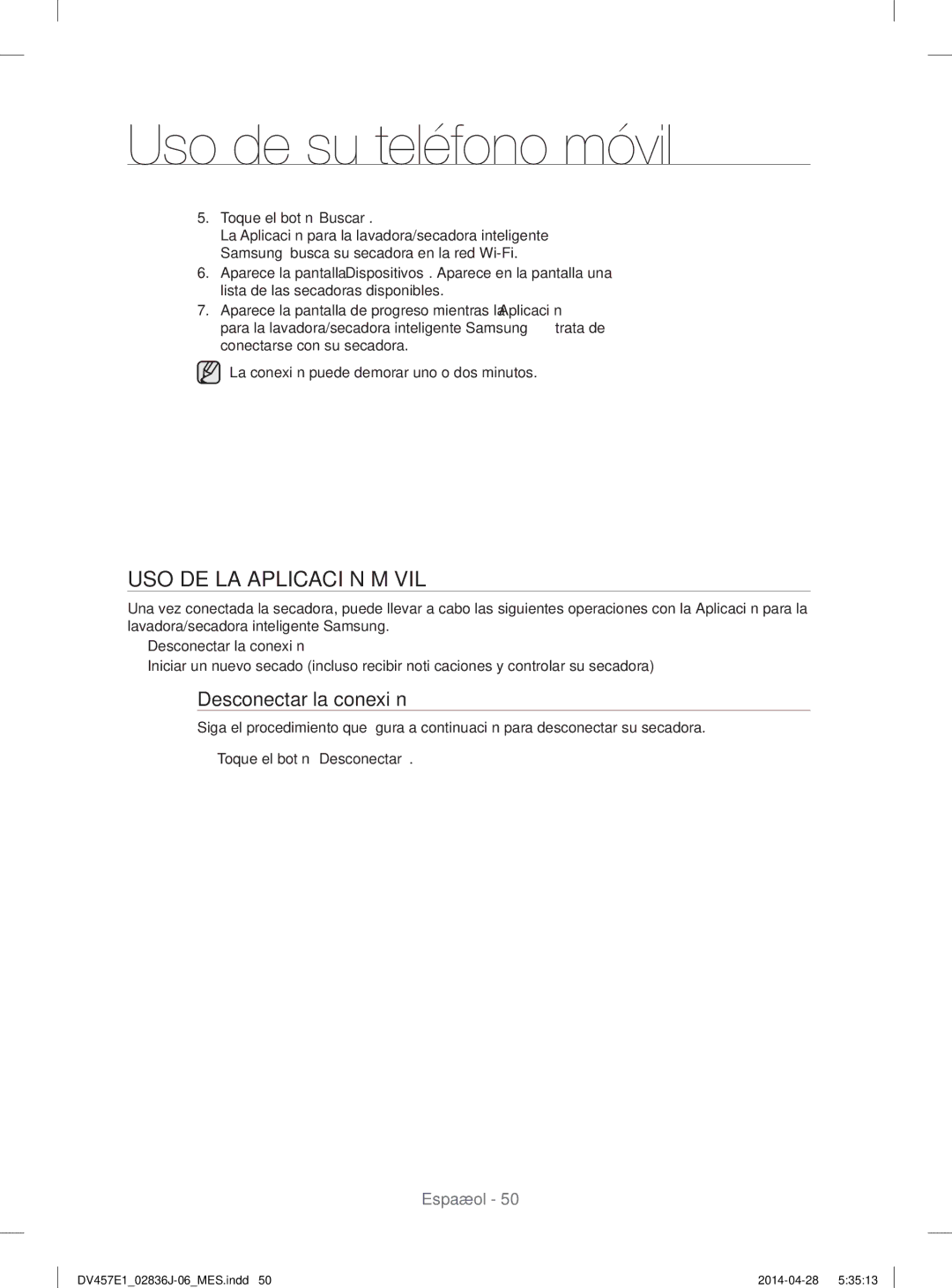 Samsung DV457EVGSGR/AA manual USO DE LA Aplicación Móvil, Desconectar la conexión, Toque el botón Buscar 