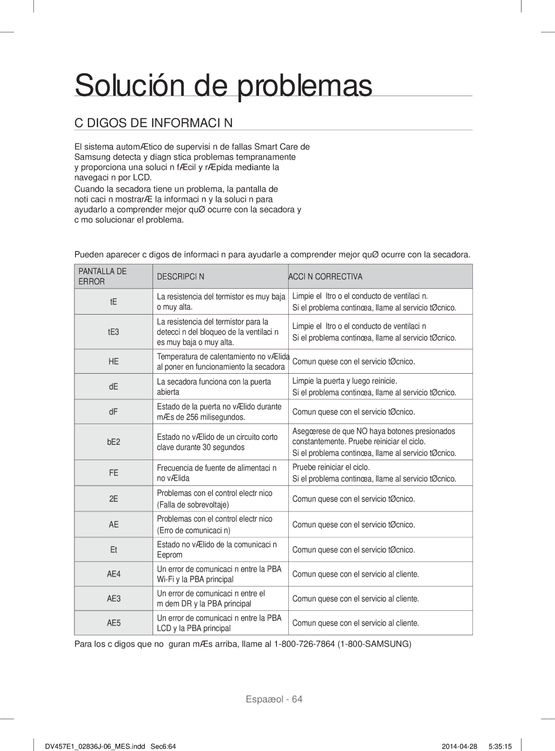 Samsung DV457EVGSGR/AA manual Códigos DE Información, Pantalla DE Descripción Acción Correctiva Error 