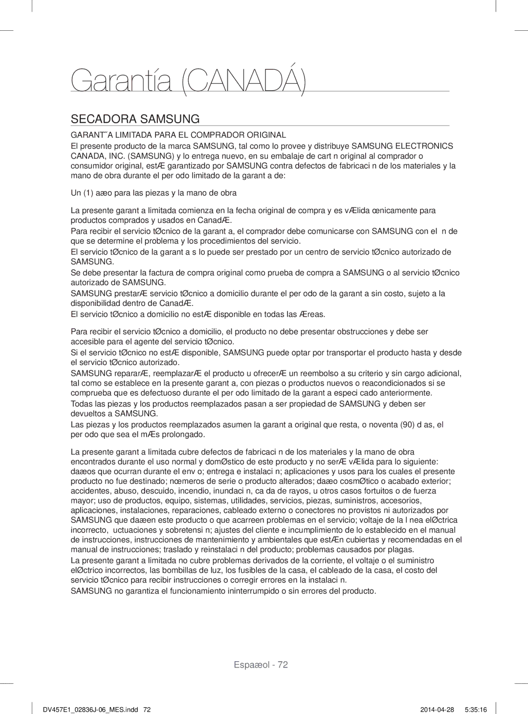 Samsung DV457EVGSGR/AA manual Garantía Canadá, Secadora Samsung 