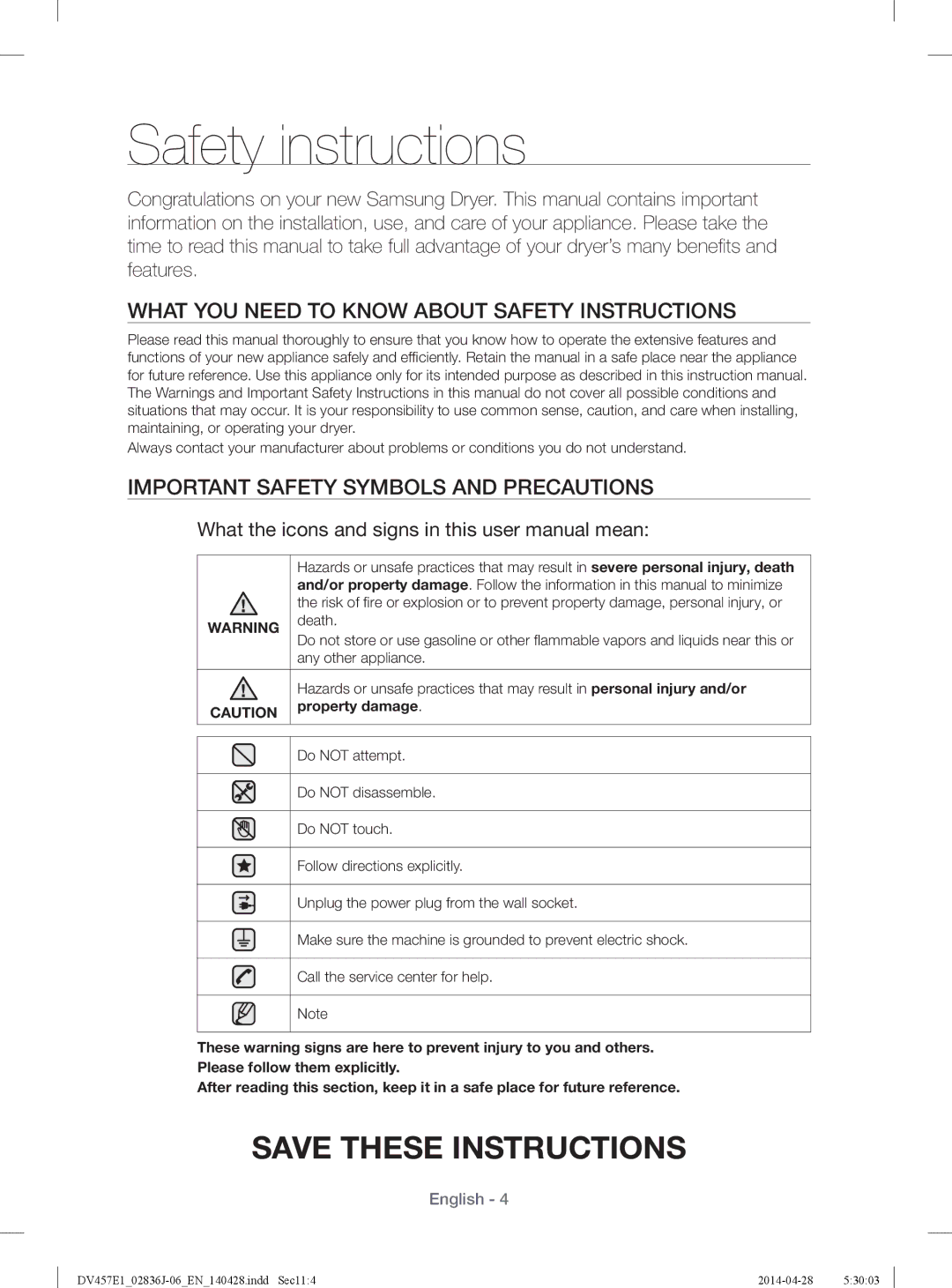 Samsung DV457EVGSGR/AA manual Safety instructions, What YOU Need to Know about Safety Instructions, Property damage 