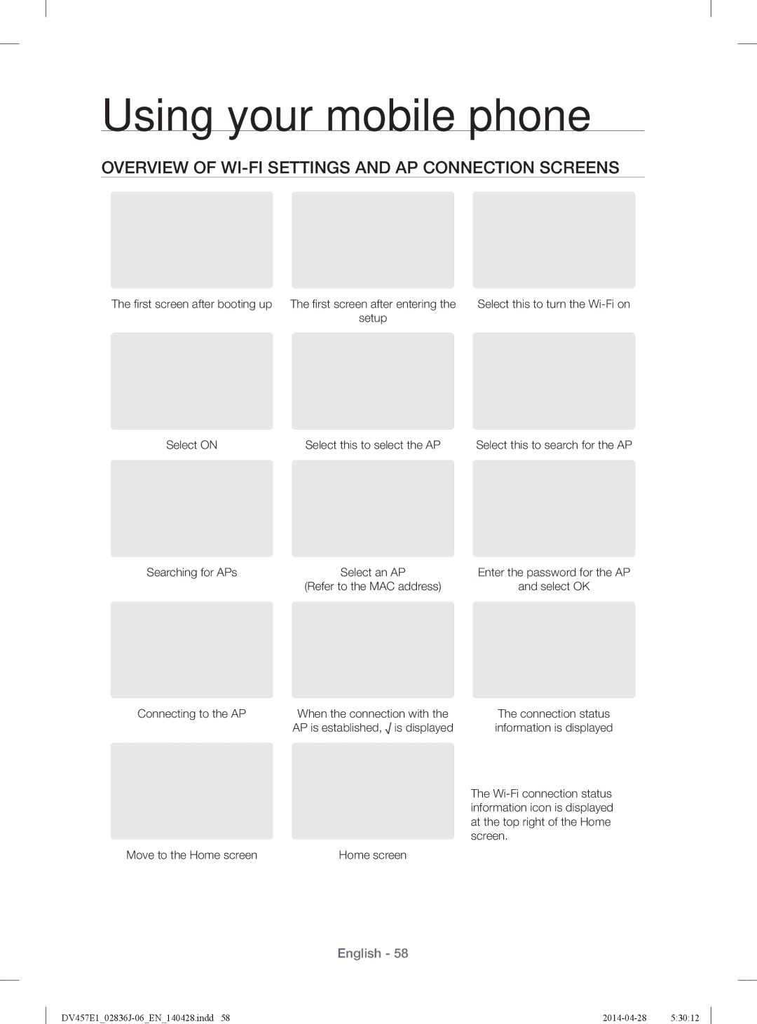 Samsung DV457EVGSGR/AA Overview of WI-FI Settings and AP Connection Screens, Setup Select on Select this to select the AP 