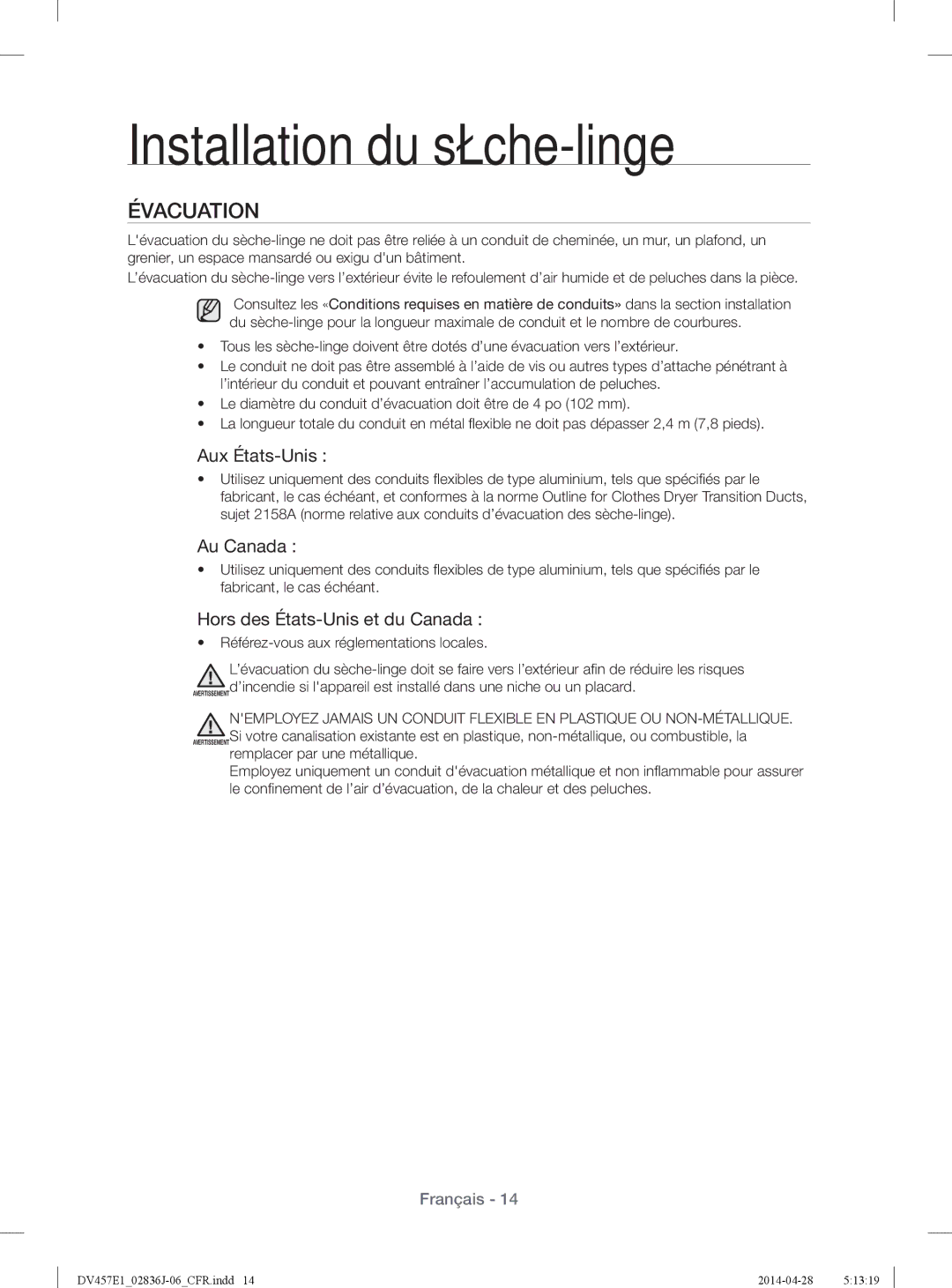 Samsung DV457EVGSGR/AA manual Évacuation, Aux États-Unis, Au Canada, Hors des États-Unis et du Canada 