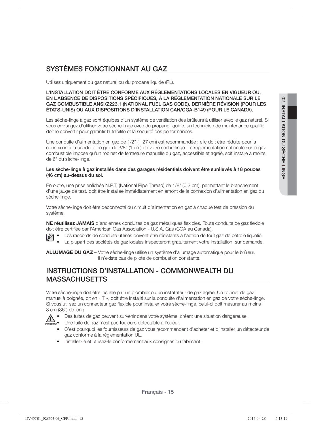 Samsung DV457EVGSGR/AA manual Systèmes Fonctionnant AU GAZ, Instructions D’INSTALLATION Commonwealth DU Massachusetts 